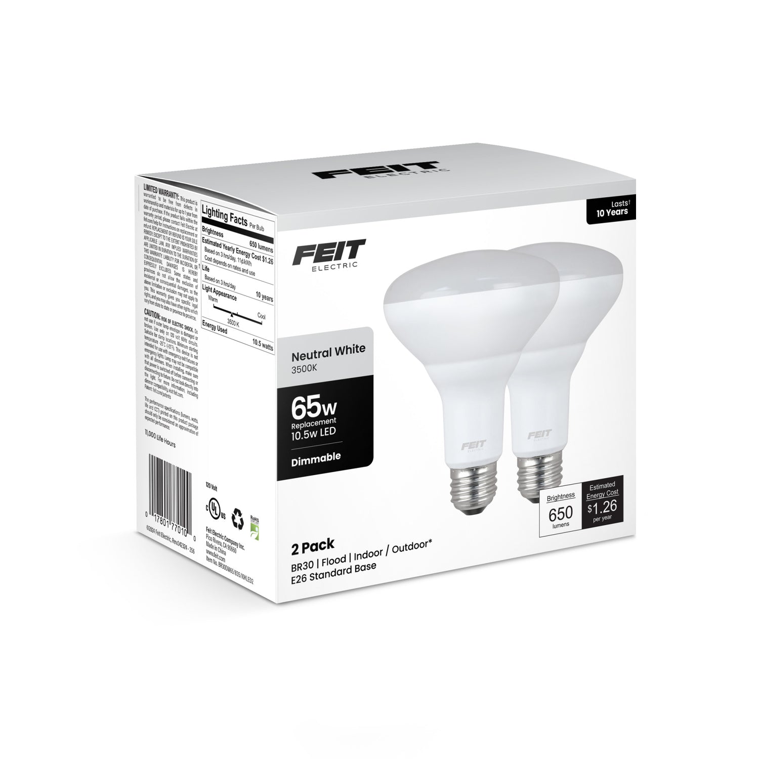 10.5W (65W Replacement) Neutral White (3500K) E26 Base BR30 Dimmable LED (2-Pack)