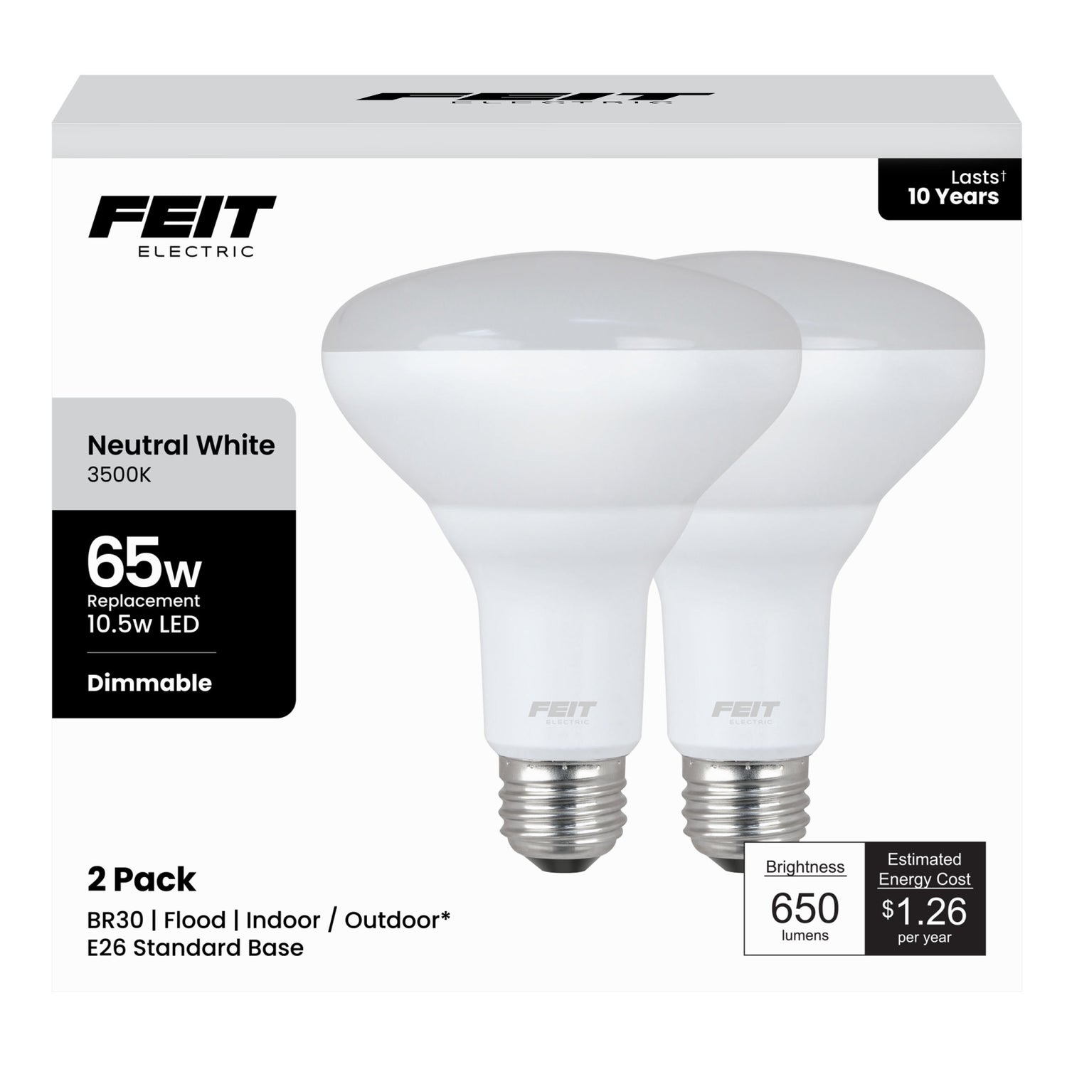10.5W (65W Replacement) Neutral White (3500K) E26 Base BR30 Dimmable LED (2-Pack)
