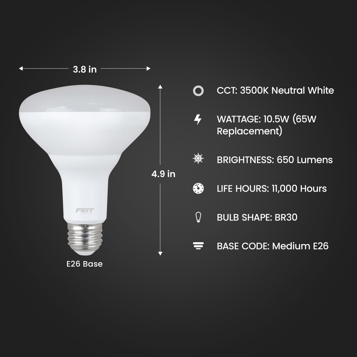 10.5W (65W Replacement) Neutral White (3500K) E26 Base BR30 Dimmable LED (2-Pack)