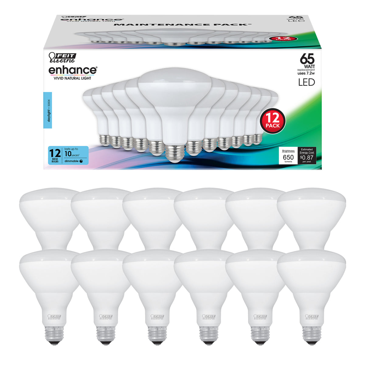 7.2W (65W Replacement) Daylight (5000K) E26 Base BR30 Dimmable Enhance Reflector LED (12-Pack)