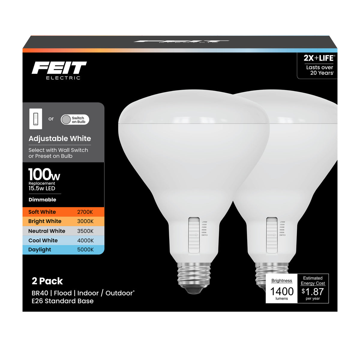 15.5W (100W Replacement) Adjustable White E26 Dimmable BR40 Enhance LED Bulb with Switch Mode (2-Pack)