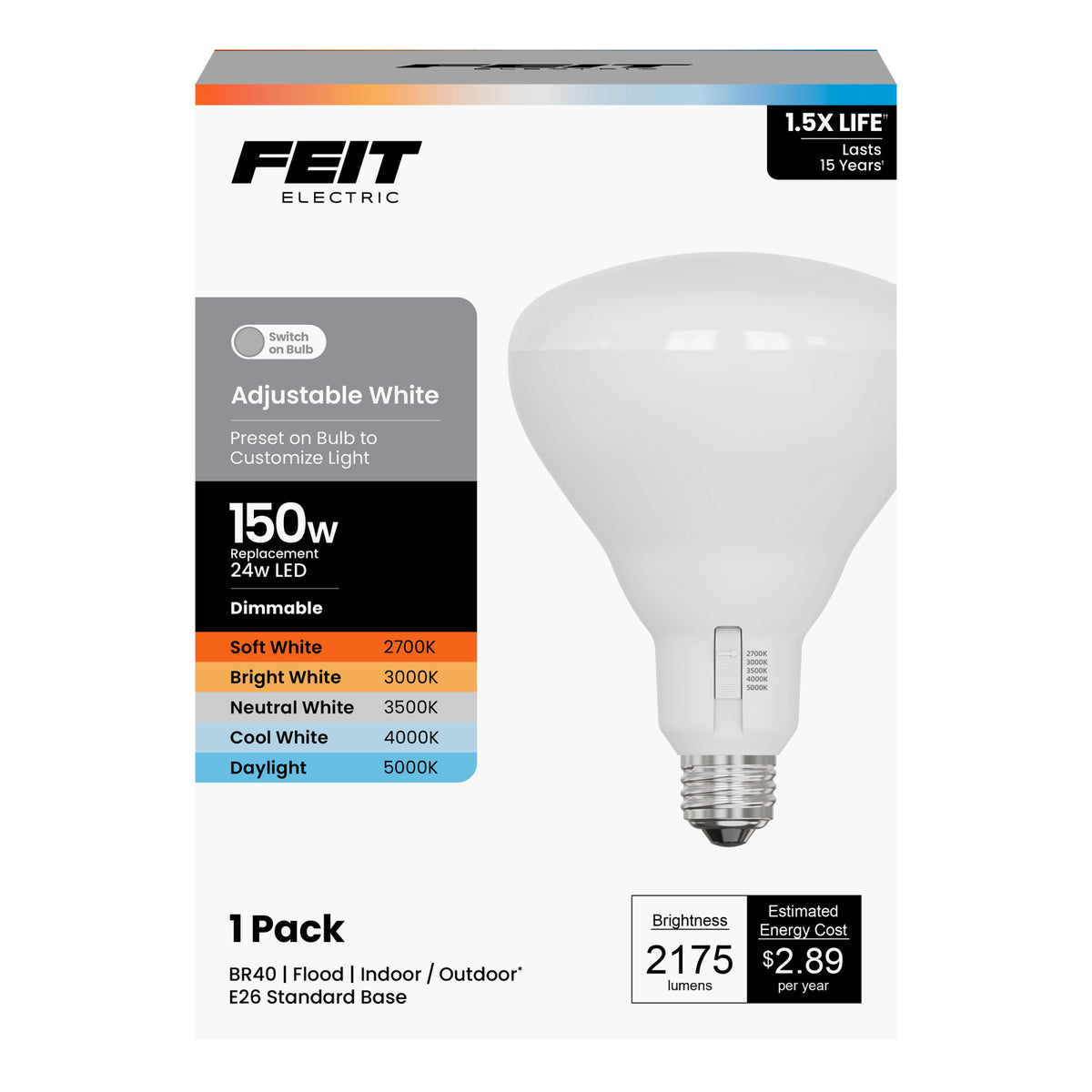 24W (150W Replacement) Adjustable White (5CCT) Dimmable BR40 Shape LED Bulb