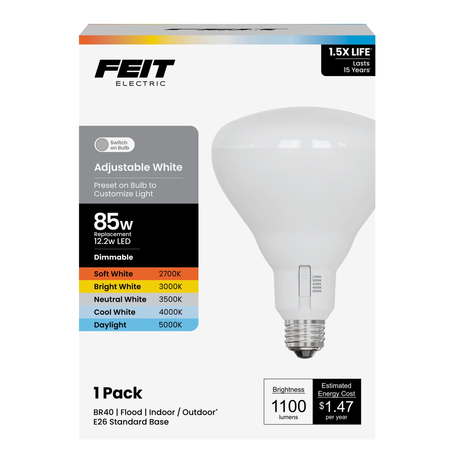 12.2W (85W Replacement) Adjustable White (5CCT) E26 Base Dimmable BR40 Shape LED Bulb