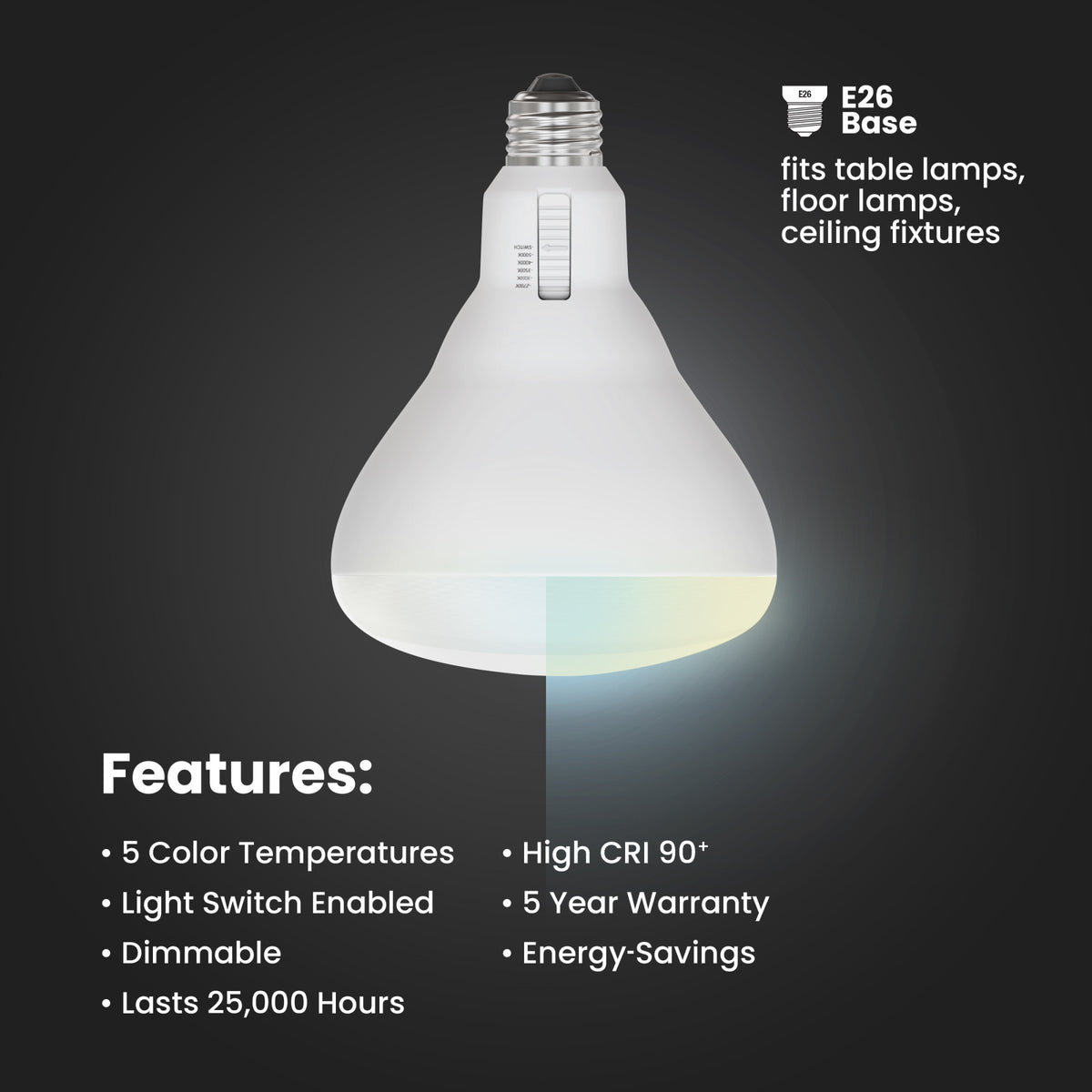 9.4W (65W Replacement) Adjustable White (5CCT) Dimmable BR40 Shape LED Bulb with Switch Mode (2-Pack)