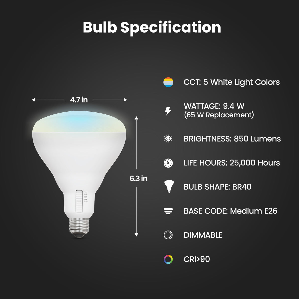9.4W (65W Replacement) Adjustable White (5CCT) Dimmable BR40 Shape LED Bulb with Switch Mode (2-Pack)
