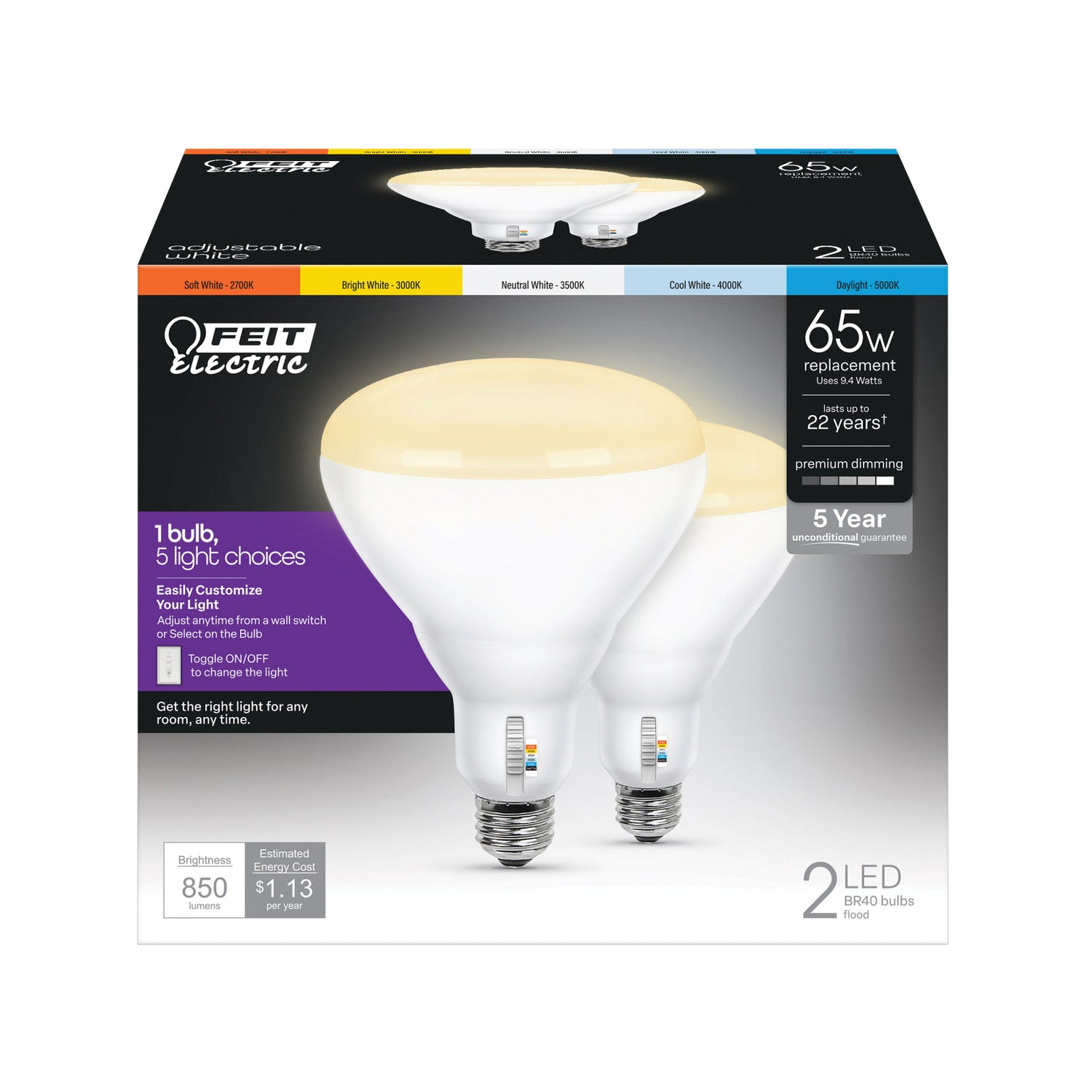 9.4W (65W Replacement) Adjustable White (5CCT) Dimmable BR40 Shape LED Bulb (2-Pack)