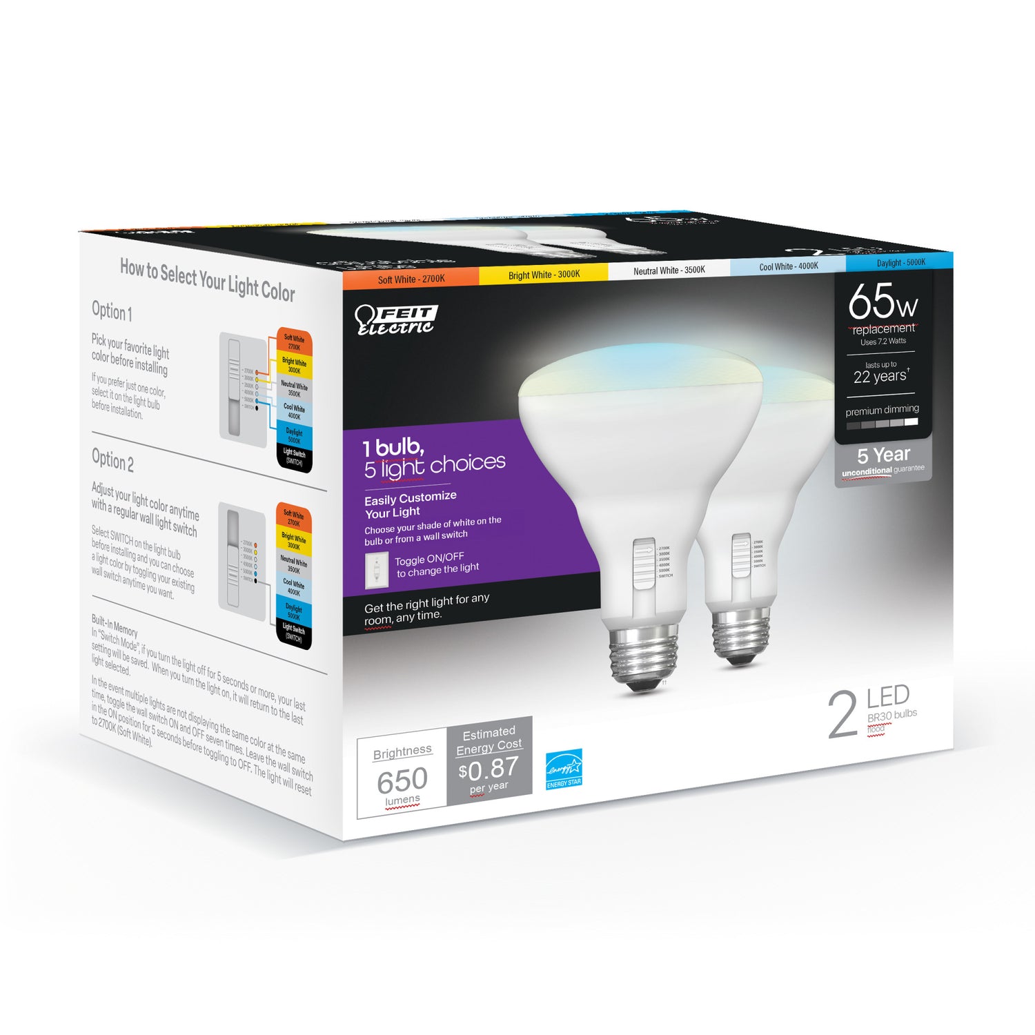 9.4W (65W Replacement) Adjustable White (5CCT) Dimmable BR40 Shape LED Bulb (2-Pack)