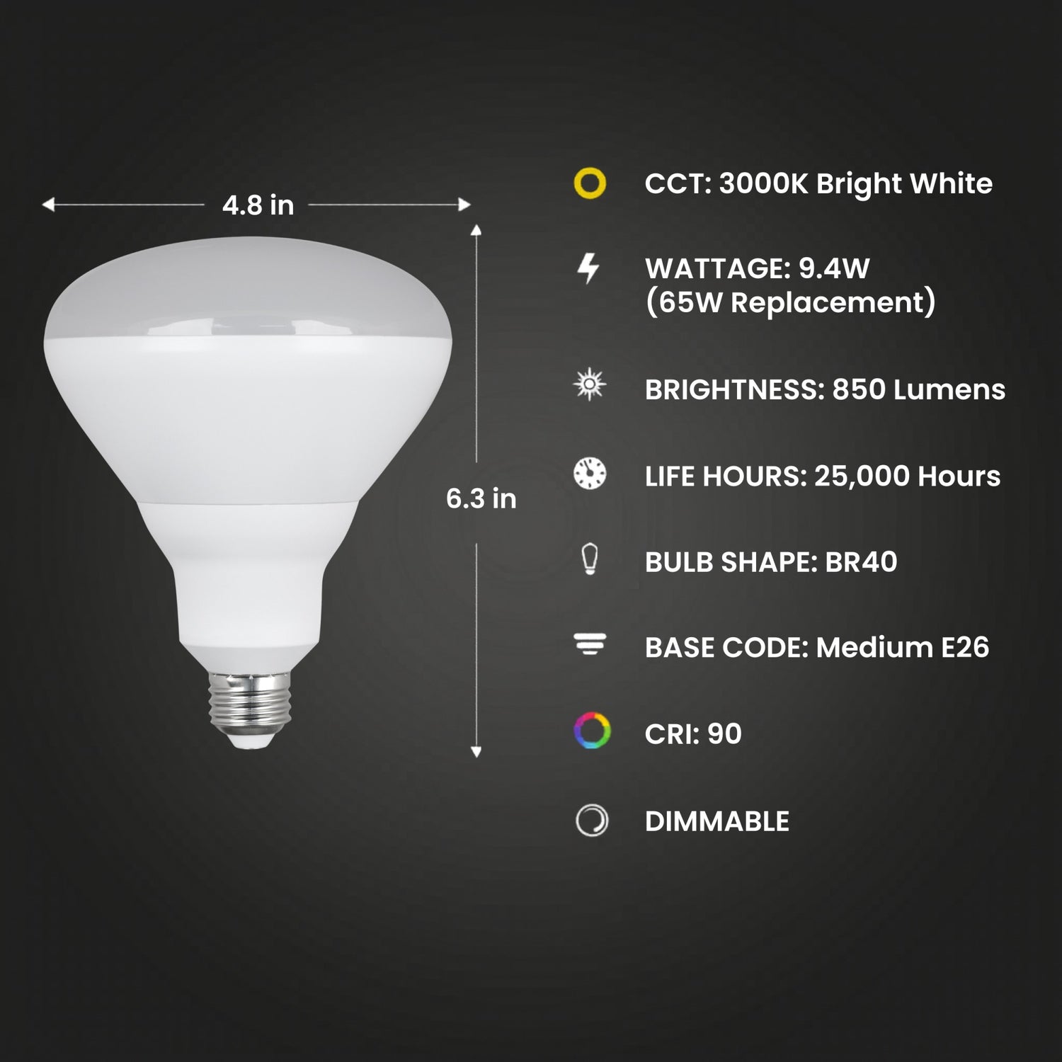 9.4W (65W Replacement) Bright White (3000K) E26 Base BR40 Dimmable Enhance Reflector LED (2-Pack)