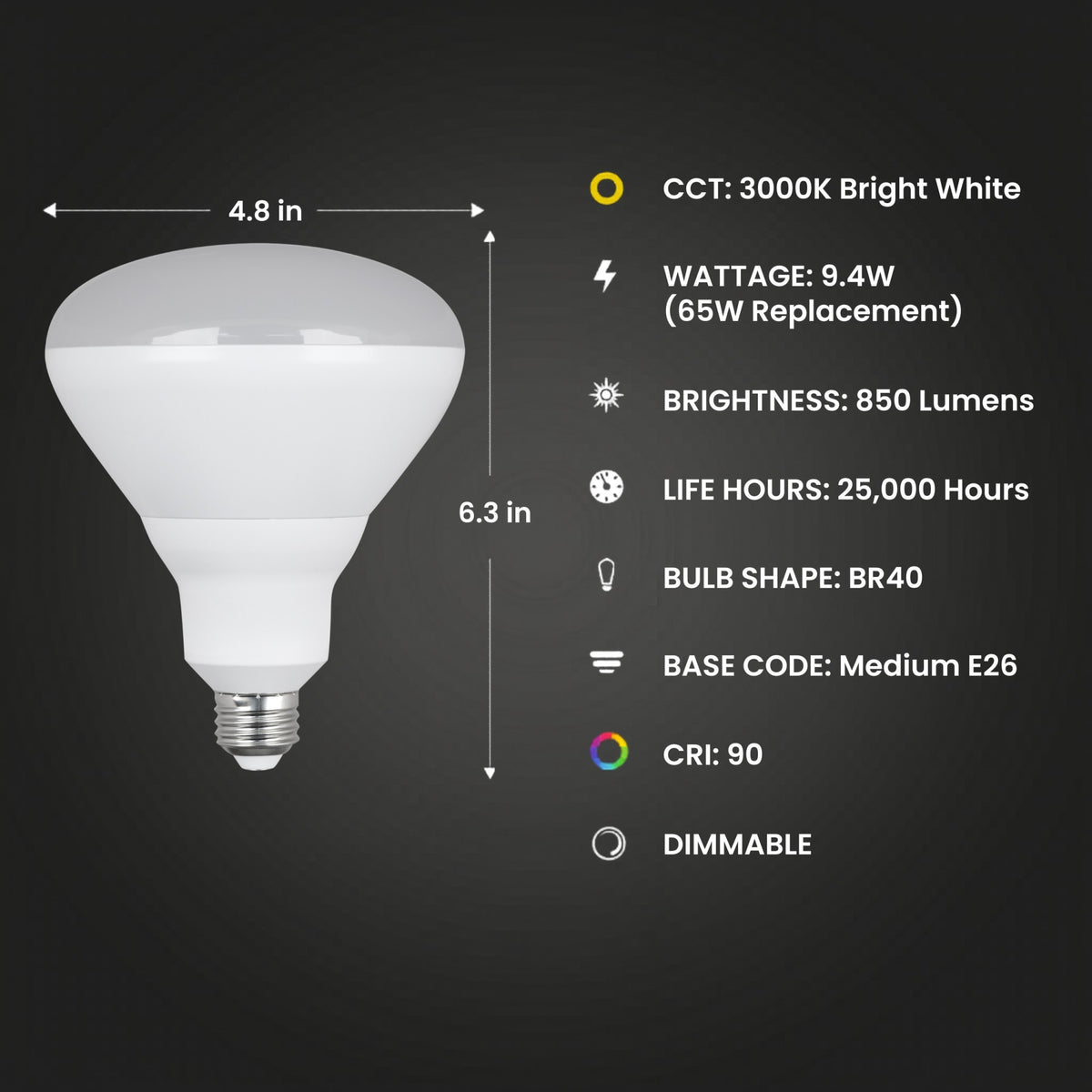 9.4W (65W Replacement) Bright White (3000K) E26 Base BR40 Dimmable Enhance Reflector LED (2-Pack)