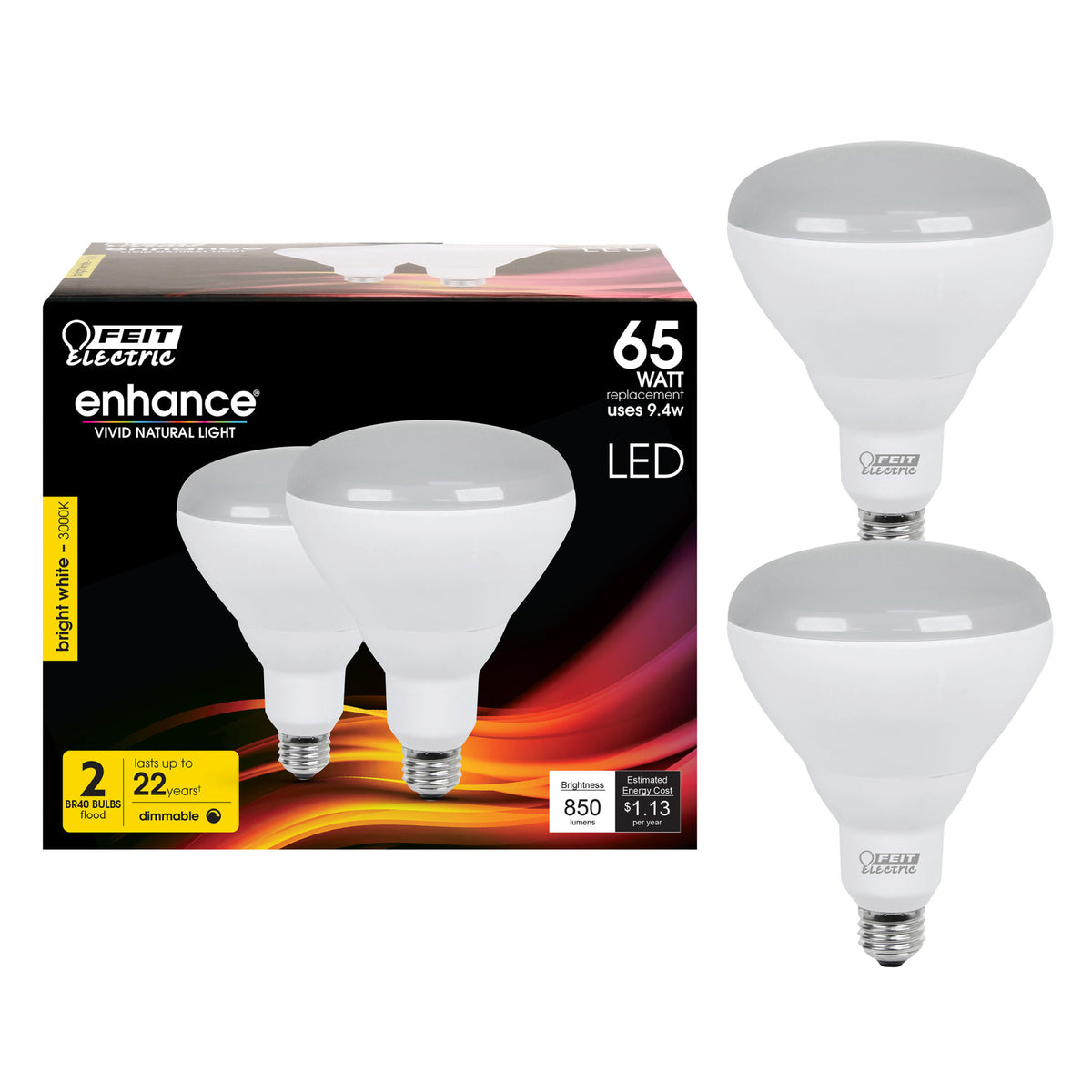 9.4W (65W Replacement) Bright White (3000K) E26 Base BR40 Dimmable Enhance Reflector LED (2-Pack)