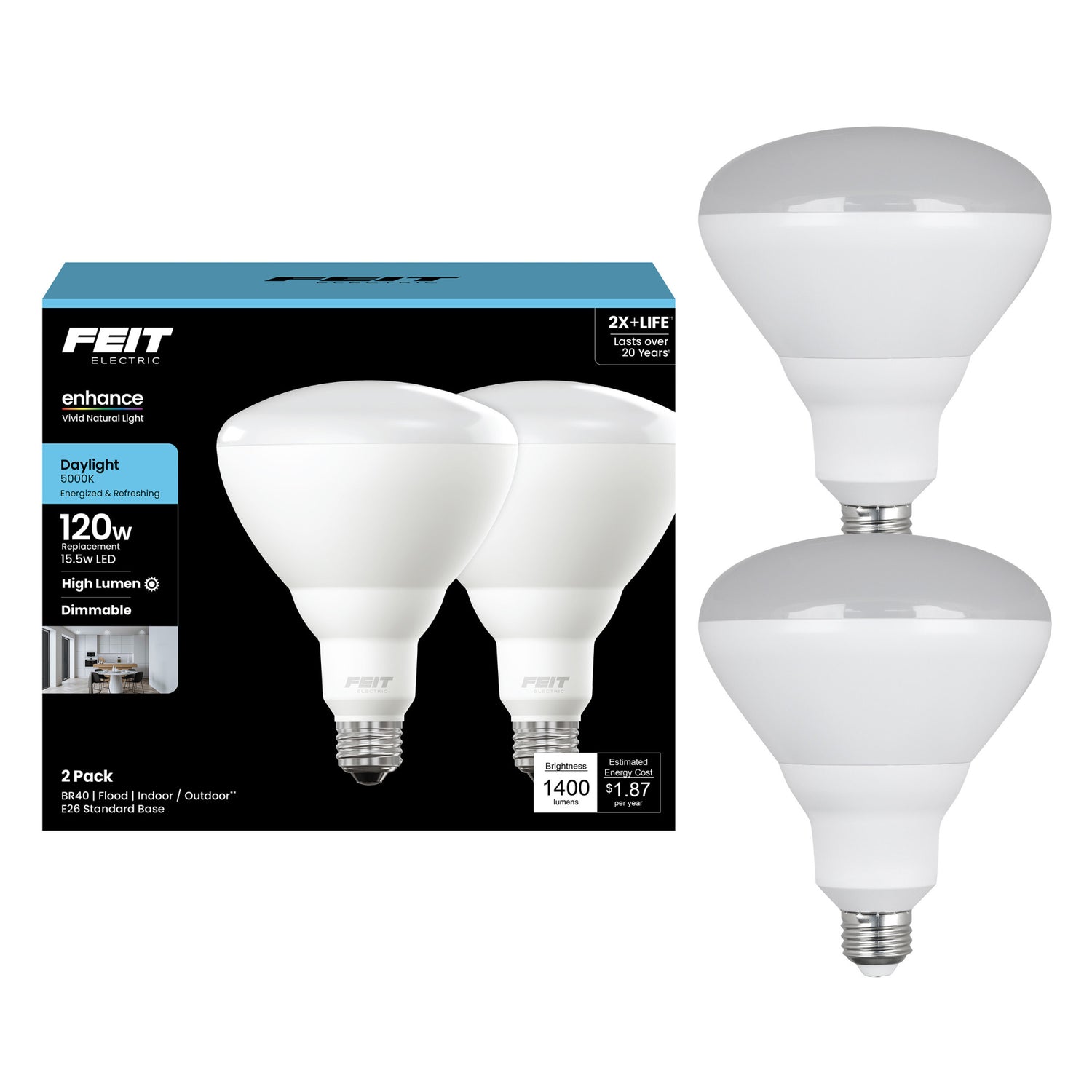 15.5 W (120W Replacement) Daylight (5000K) BR40 Dimmable Reflector LED (2-Pack)