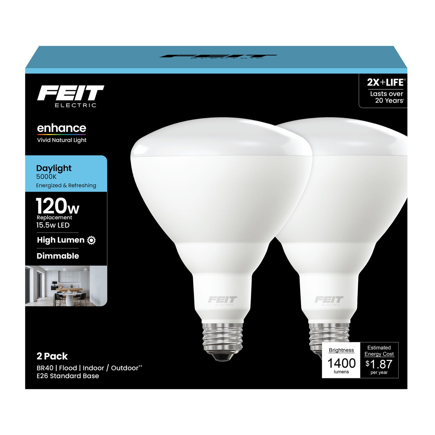 15.5 W (120W Replacement) Daylight (5000K) BR40 Dimmable Reflector LED (2-Pack)