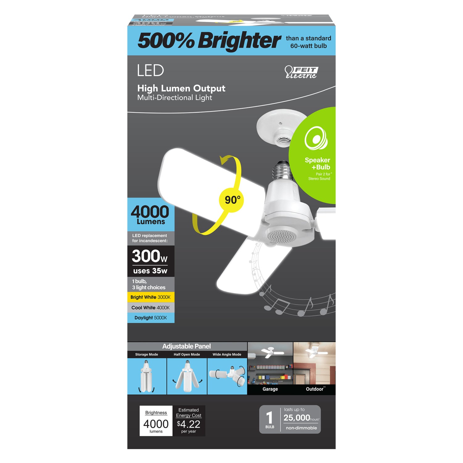 35W (300W Equivalent) Selectable White E26 Replacement LED Motion Activated Multi-Directional Light + Speaker