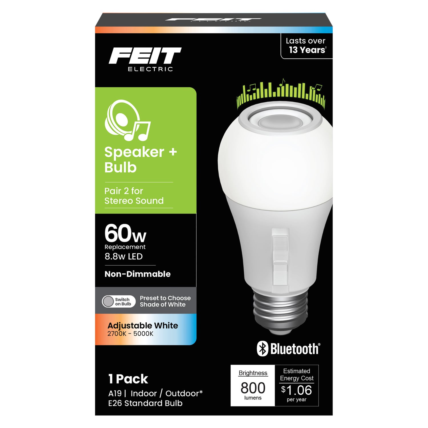 8.8W (60W Replacement) Selectable White Light Bulb with Speaker