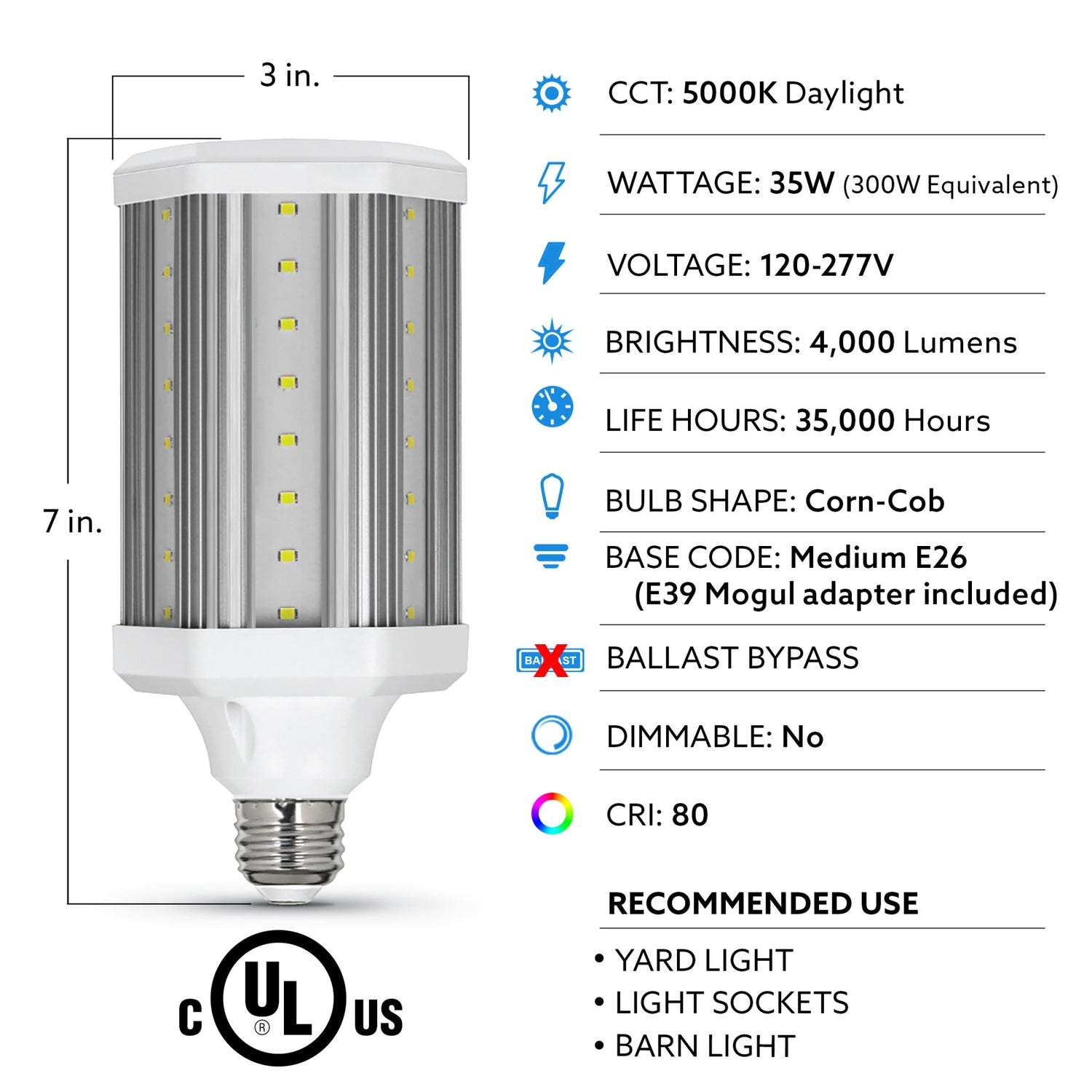 35W (300W Replacement) Daylight (5000K) Corn-Cob High Output LED Light Bulb