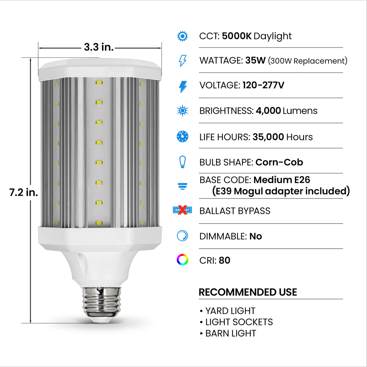 35W (300W Replacement) Daylight (5000K) Corn-Cob High Output LED Light Bulb