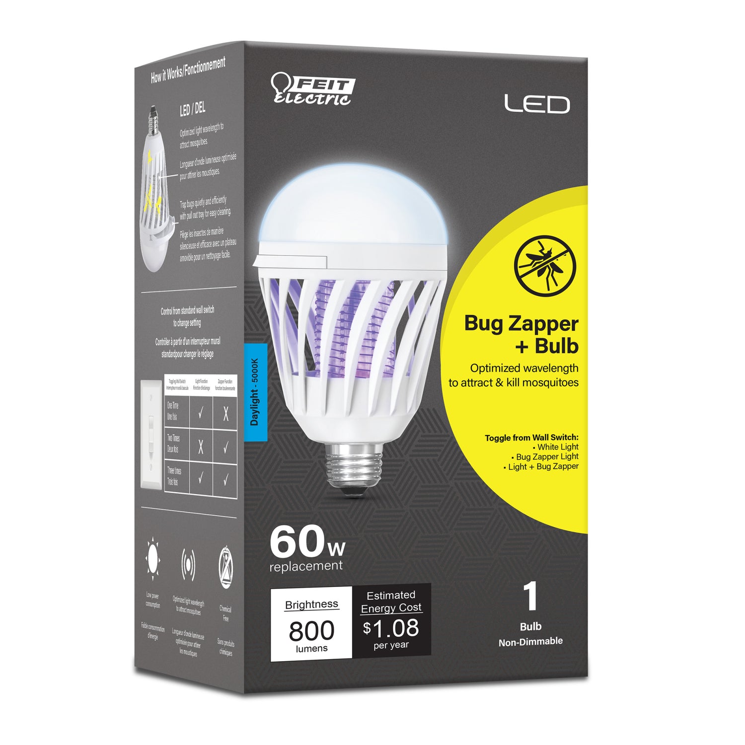 9W (60W Replacement) Daylight (5000K) E26 Base Cylinder Shape Bug Zapper + Light Bulb