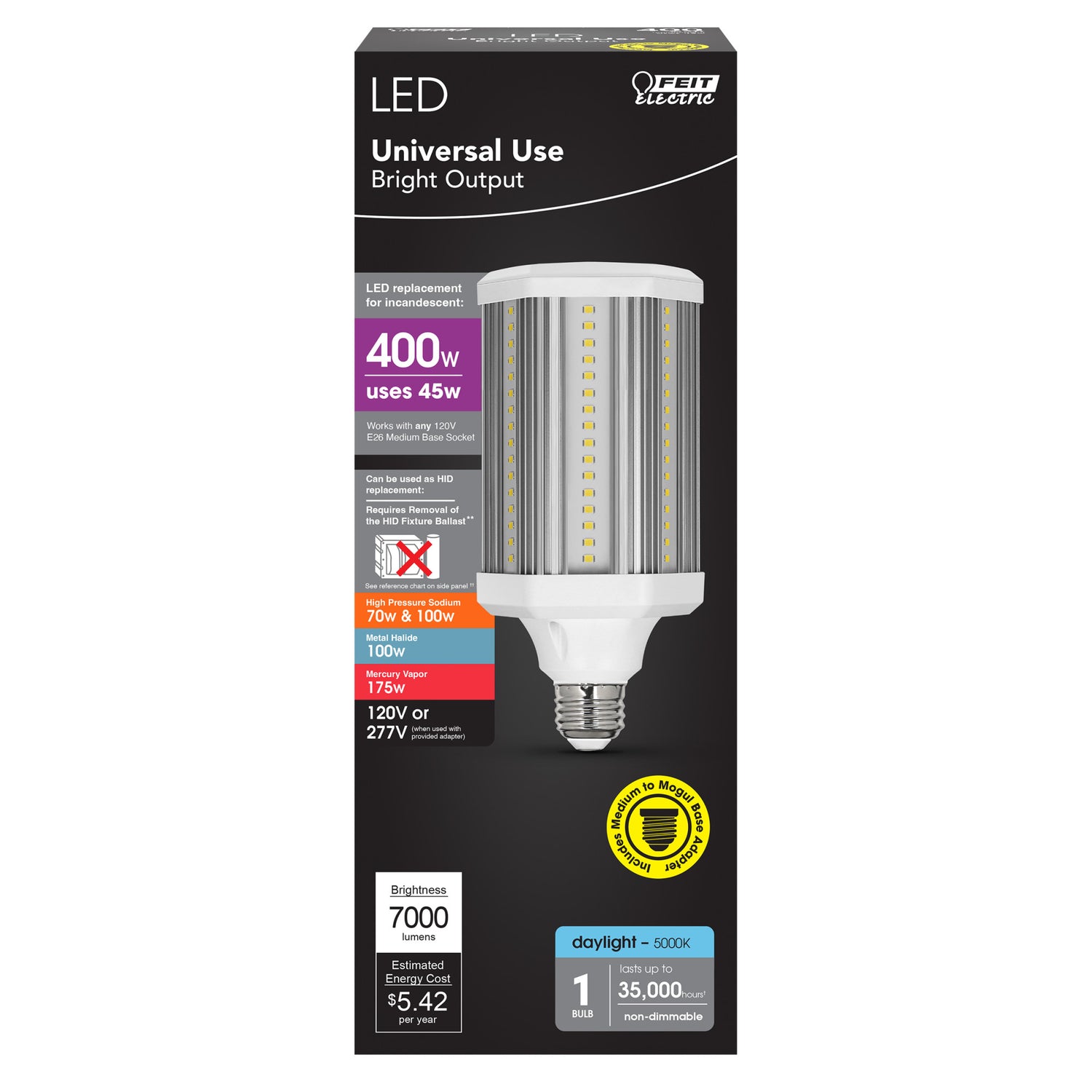45W (400W Replacement) Daylight (5000K) Corn Cob E26 Base with E39 Mogul Adapter High Lumen HID Utility LED Light Bulb