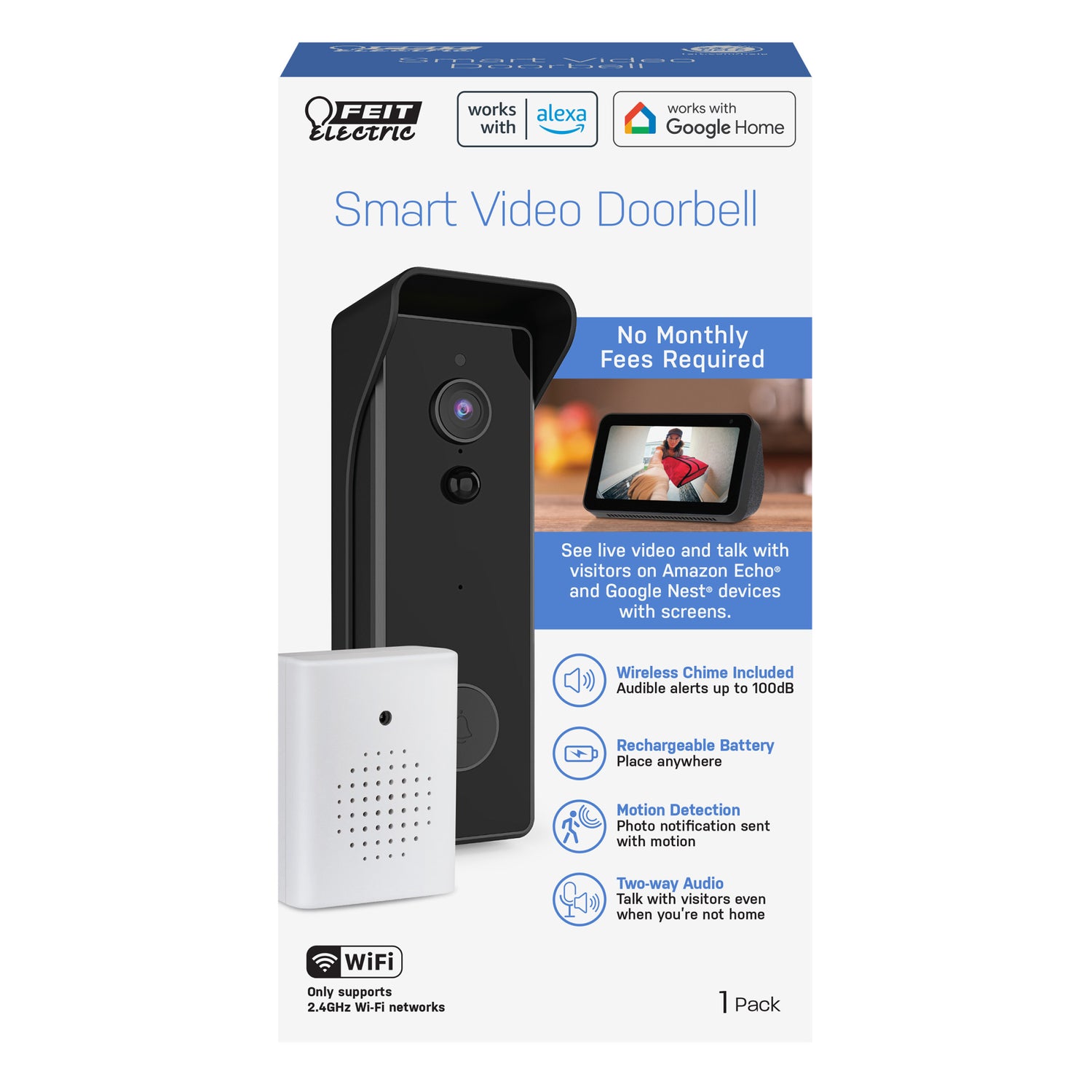 Wired or Battery-Powered Smart Wi-Fi Video Doorbell Camera with Motion Detection and Two-Way Audio