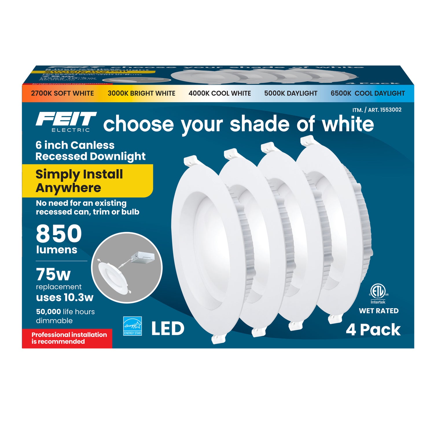 6 in. 10.3W (75W Replacement) Adjustable White (5CCT) Canless LED Recessed Lights (4-Pack)