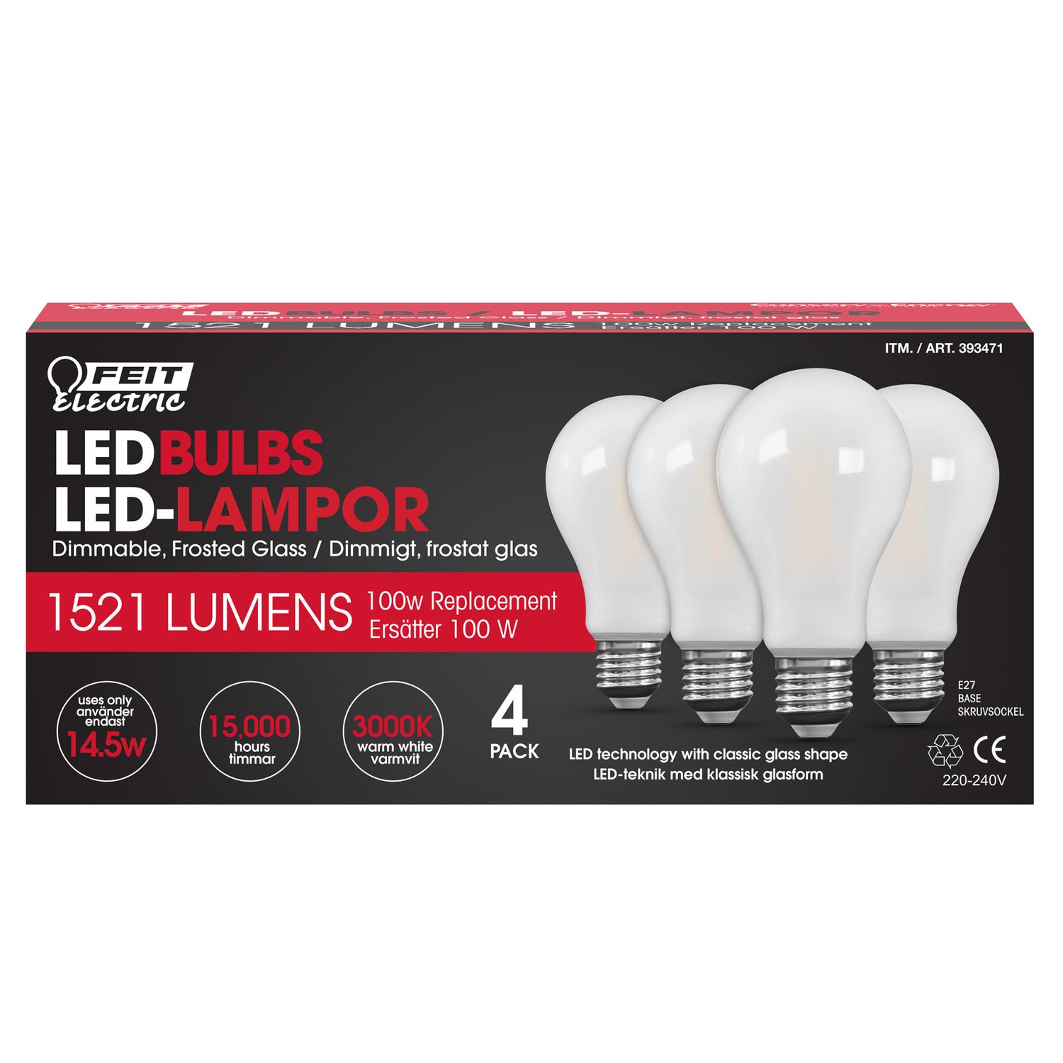 14.5W (100W Equivalent) Warm White (3000K) E27 Dimmable Frosted White Performance LED Light Bulb (4-Pack)
