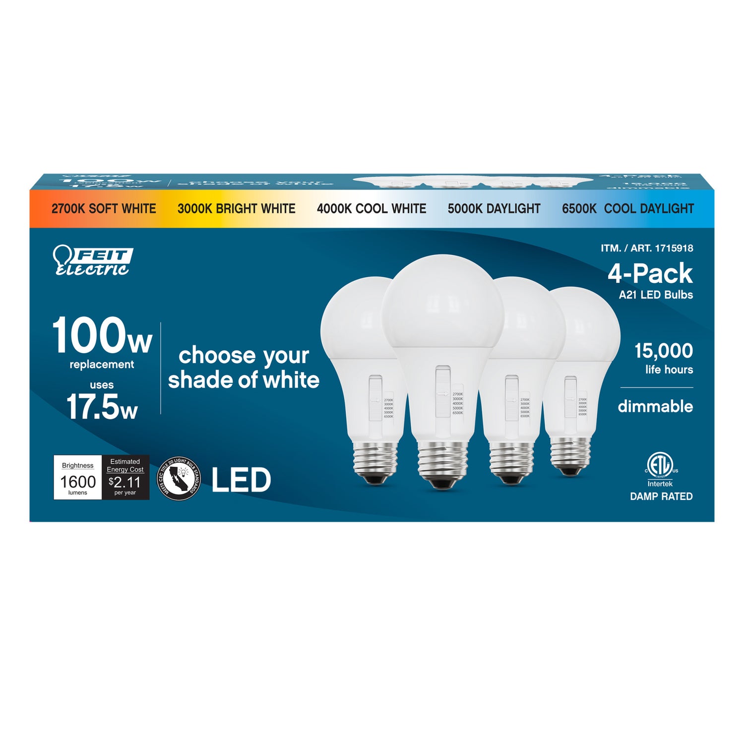 17.5W (100W Replacement) Selectable Color A21 E26 Base LED Bulb (4-Pack)