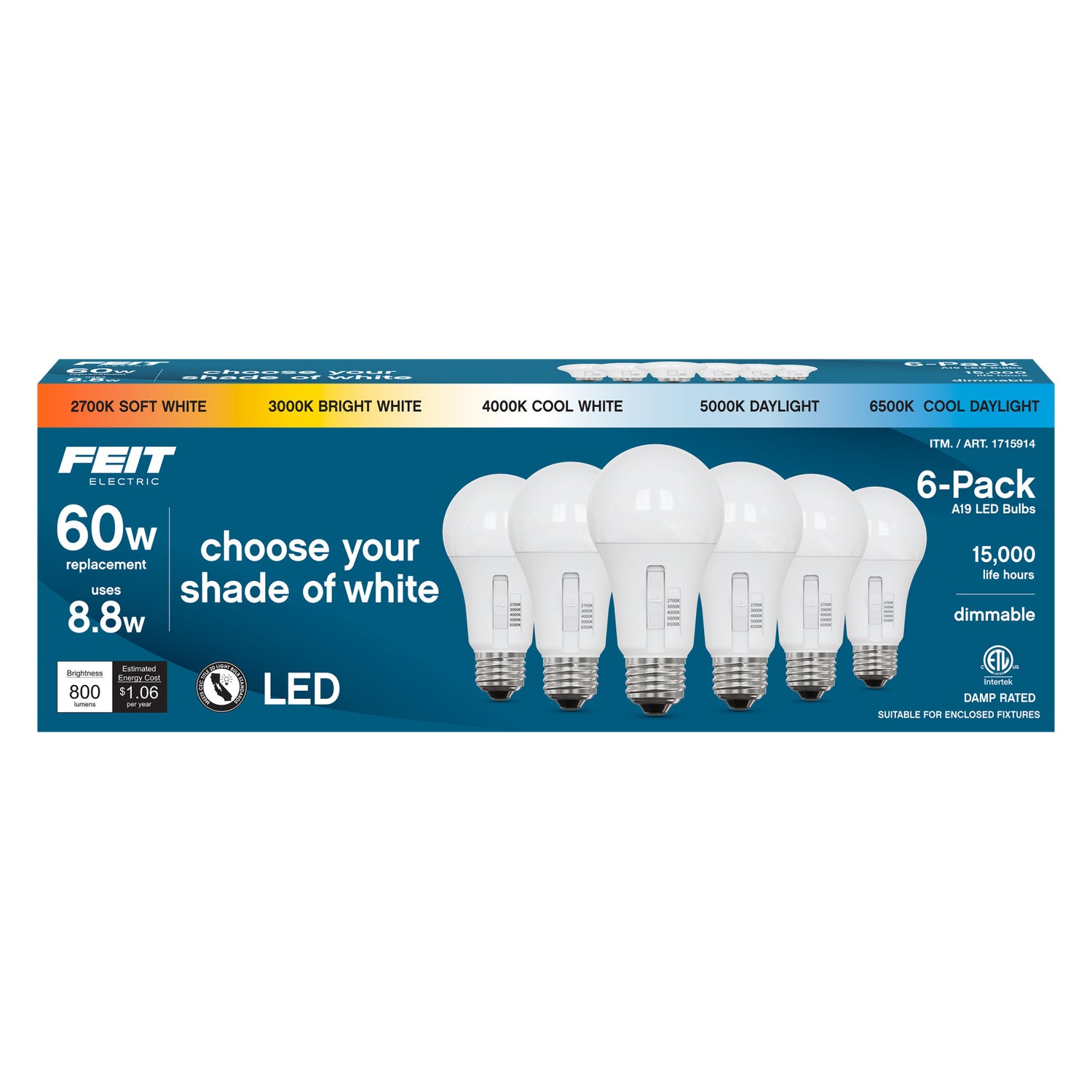 8.8W (60W Replacement) Selectable Color A19 E26 Base LED Bulb (6-Pack)