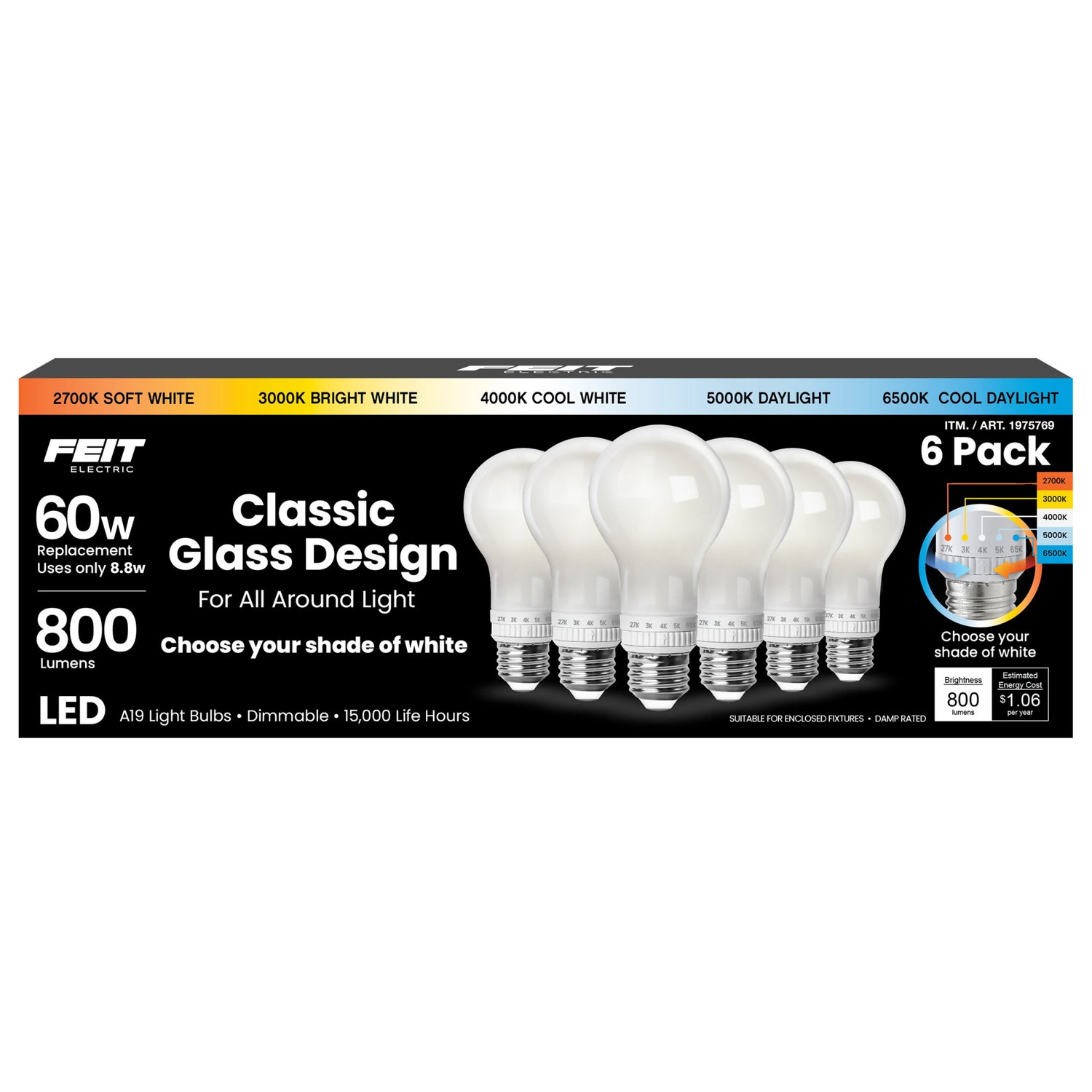 8.8W (60W Replacement) Adjustable White E26 Base A19 Dimmable White Glass LED Bulb (6-Pack)