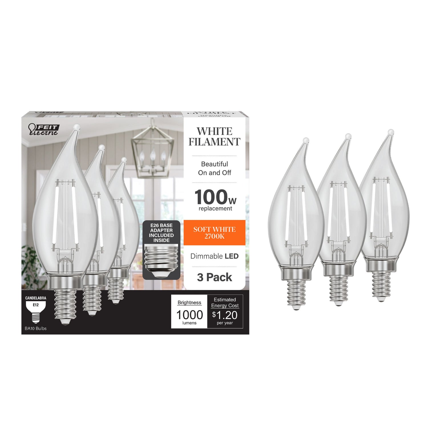 10W (100W Replacement) Soft White (2700K) E12/E26 Base BA10 Dimmable Flame Tip White Filament LED Bulb (3-Pack)