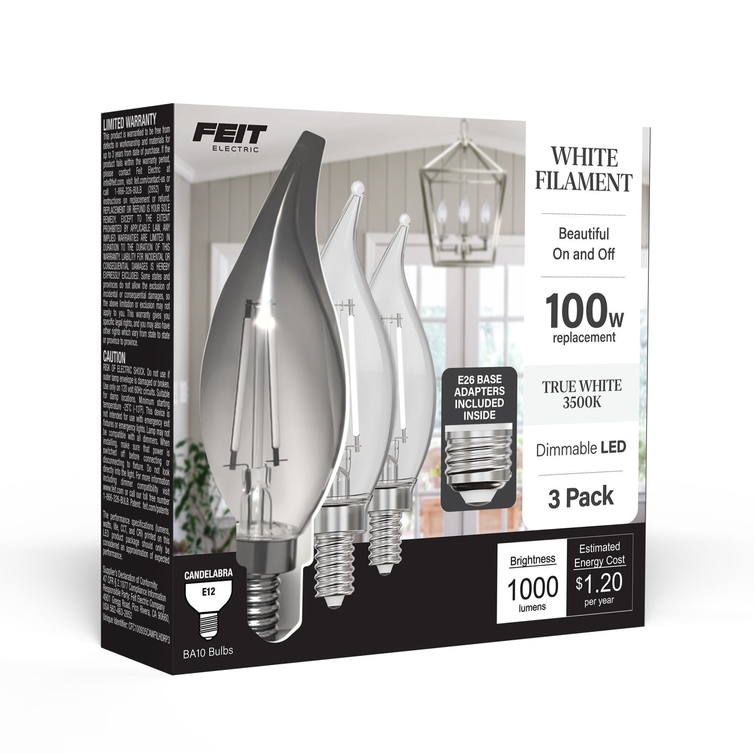 10W (100W Replacement) True White (3500K) E12/E26 Base BA10 Flame Tip White Filament LED Bulb (3-Pack)