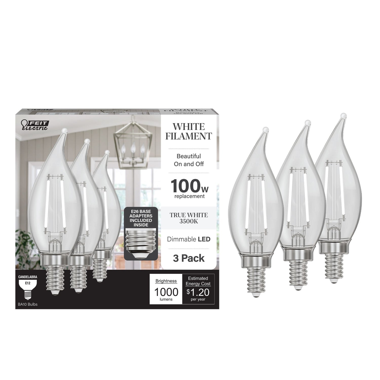 10W (100W Replacement) True White (3500K) E12/E26 Base BA10 Flame Tip White Filament LED Bulb (3-Pack)