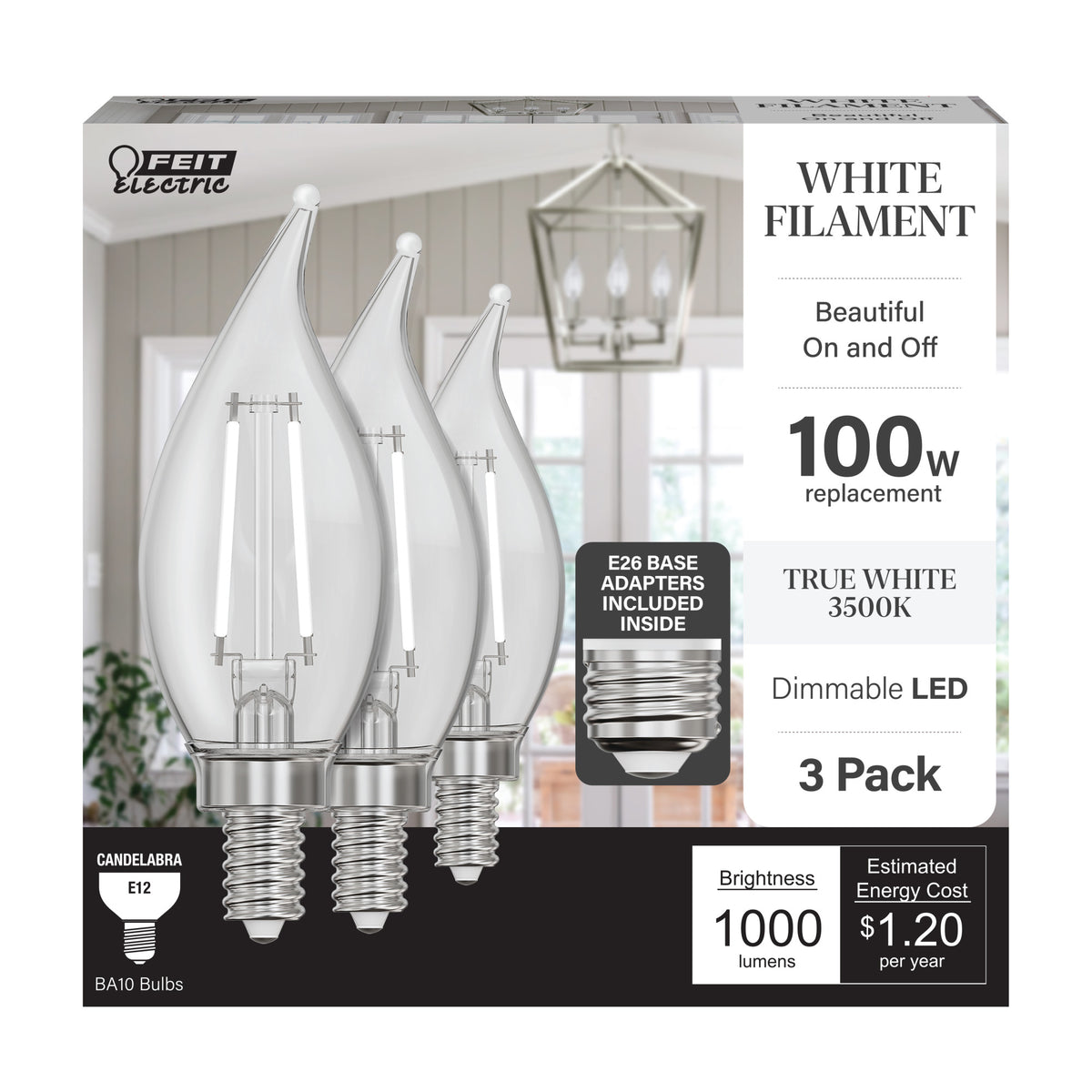 10W (100W Replacement) True White (3500K) E12 Base BA10 Flame Tip White Filament LED Bulb (3-Pack)