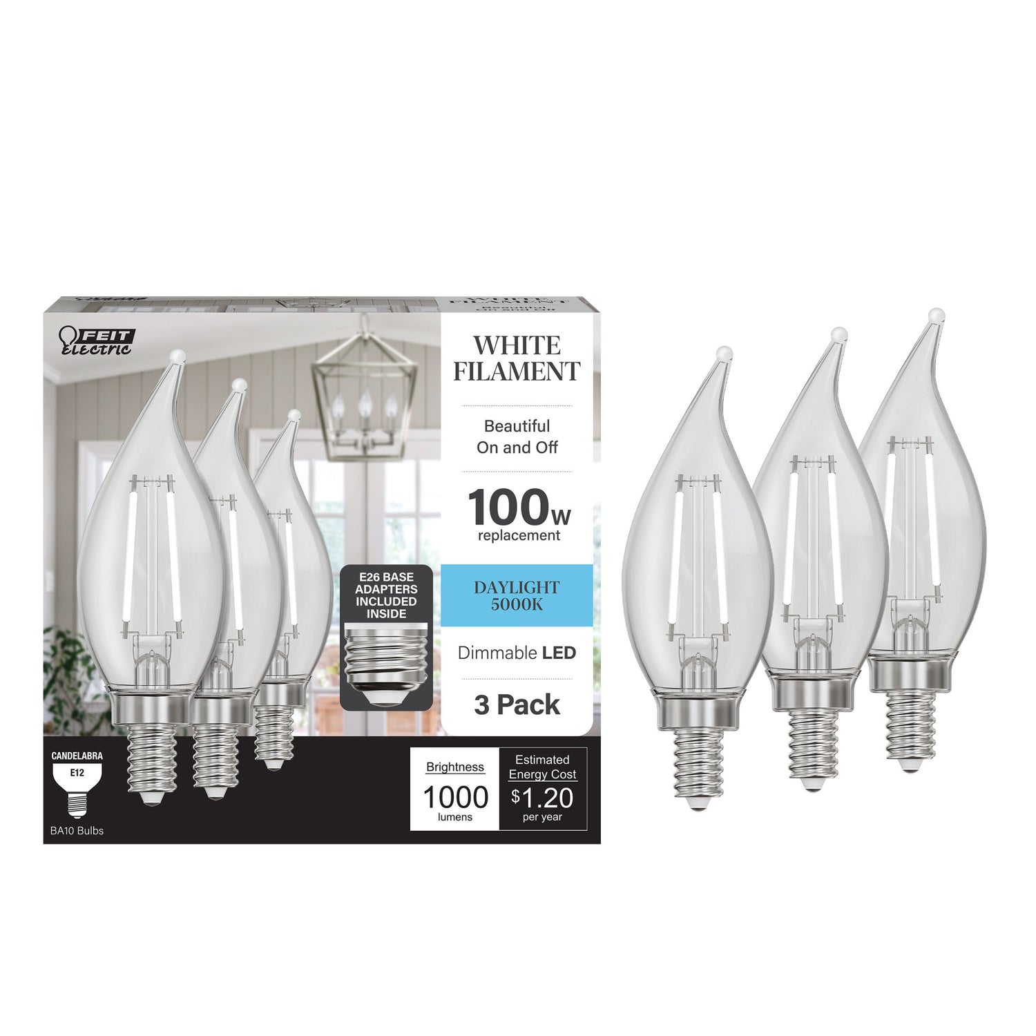 10W (100W Replacement) Daylight (5000K) E12/E26 Base BA10 Dimmable Flame Tip White Filament LED Bulb (3-Pack)