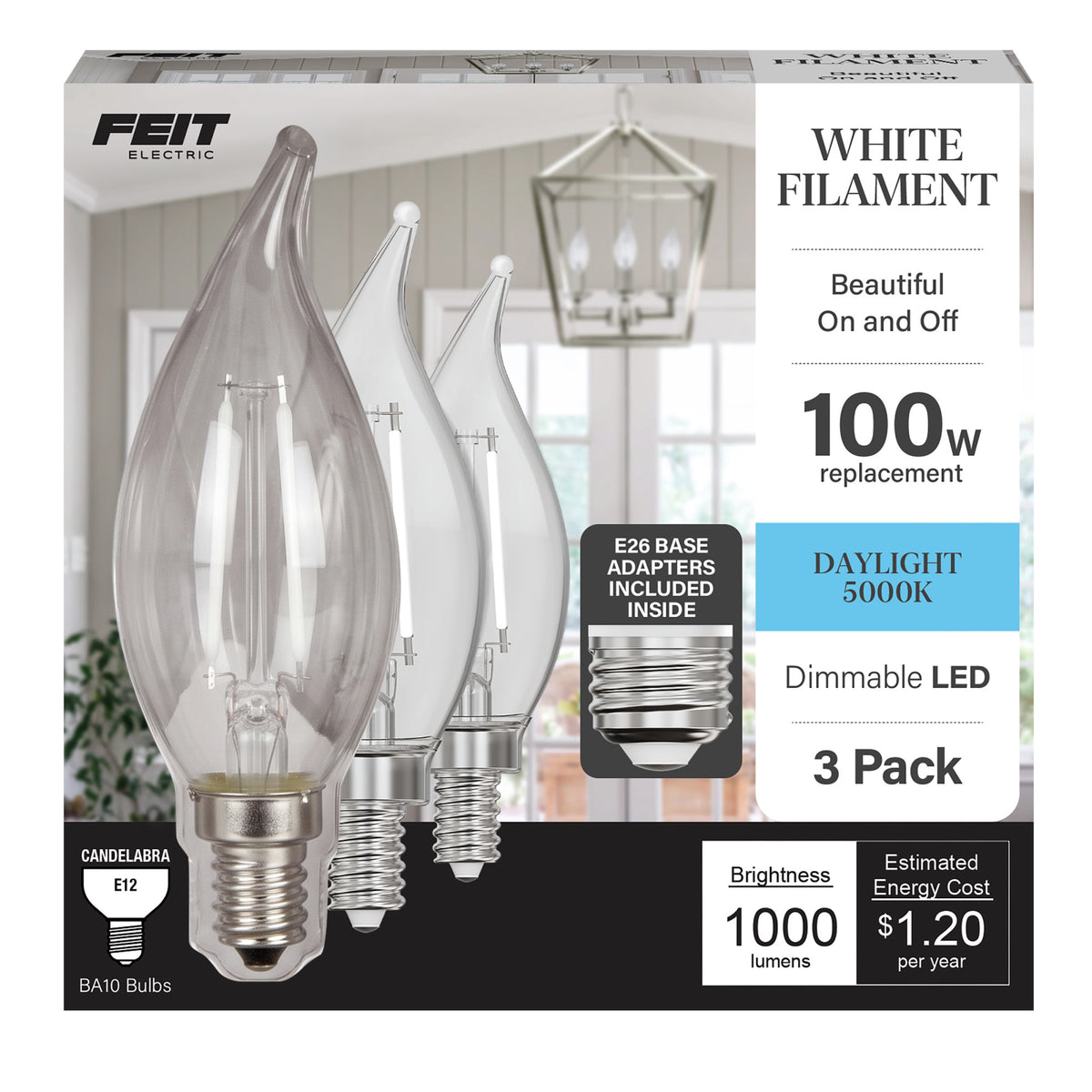 10W (100W Replacement) Daylight (5000K) E12/E26 Base BA10 Dimmable Flame Tip White Filament LED Bulb (3-Pack)