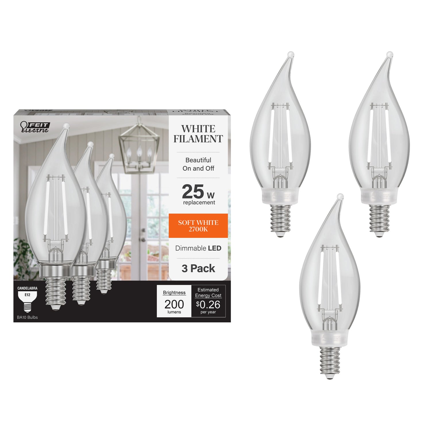 2.2W (25W Replacement) Soft White (2700K) Flame Tip BA10 (E12 Base) Exposed White Filament LED Bulb (3-Pack)