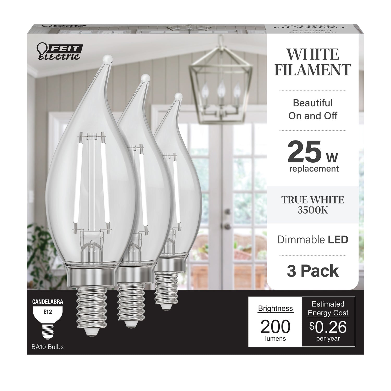 2.2W (25W Replacement) True White (3500K) E12 Base BA10 Flame Tip White Filament LED Bulb (3-Pack)
