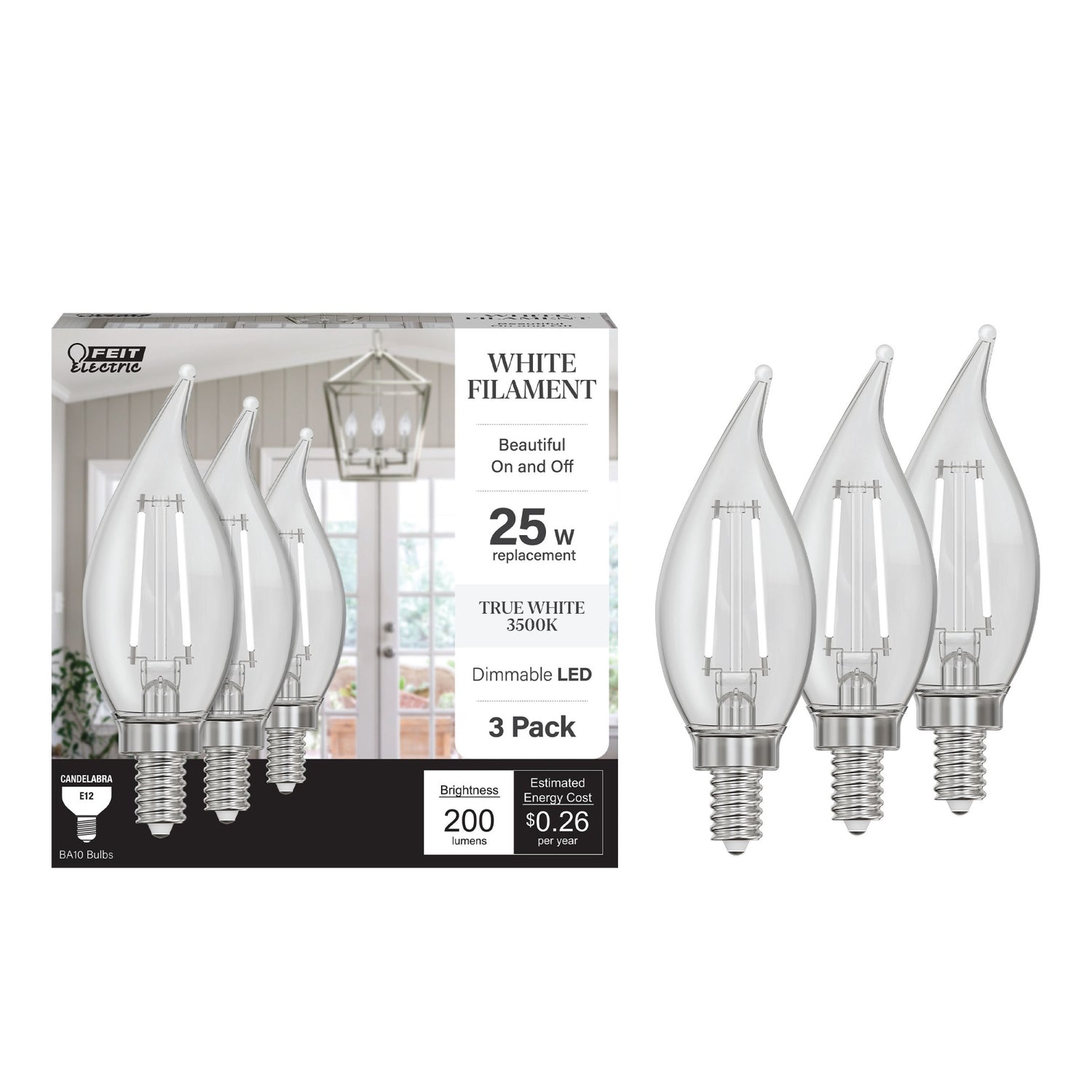 2.2W (25W Replacement) True White (3500K) E12 Base BA10 Flame Tip White Filament LED Bulb (3-Pack)