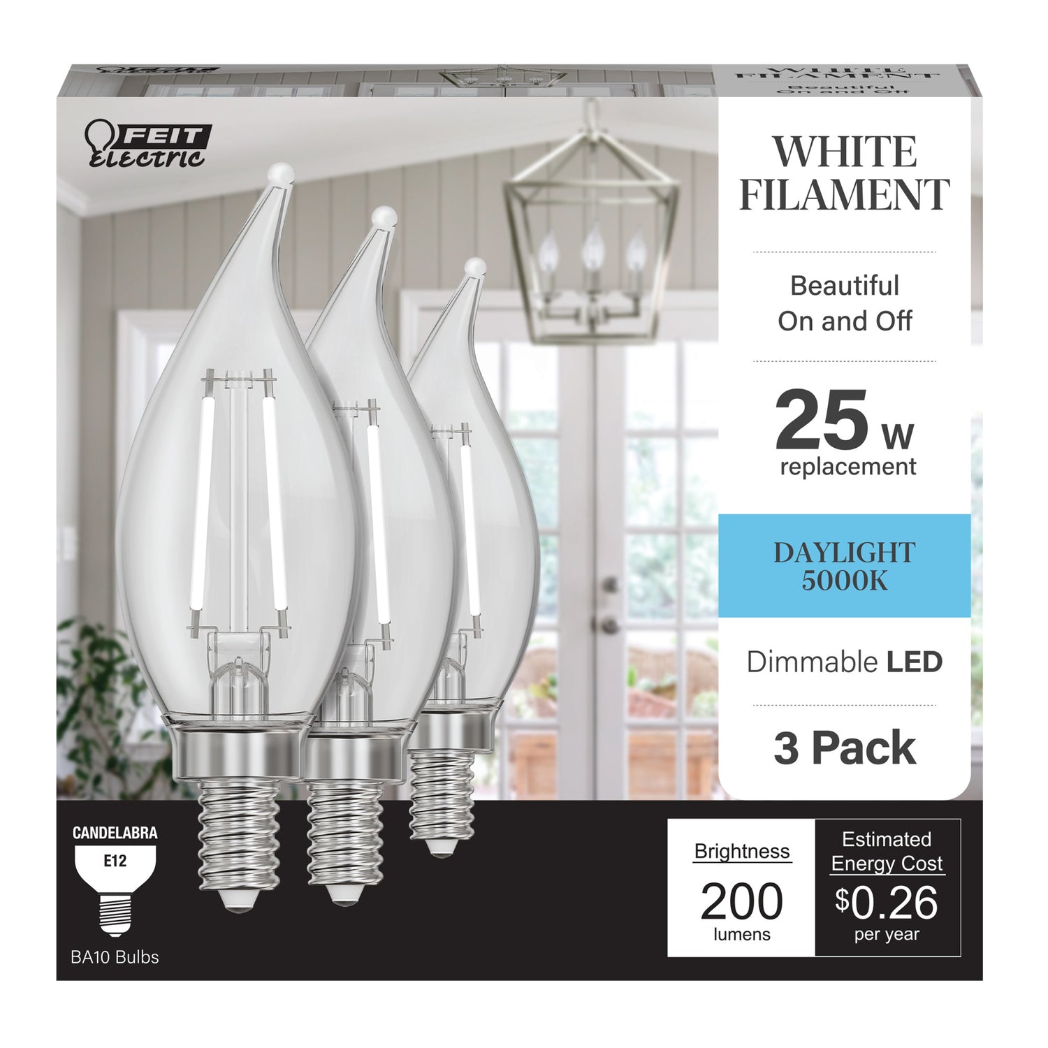 2.2W (25W Replacement) Daylight (5000K) E12 Base BA10 Flame Tip White Filament LED Bulb (3-Pack)