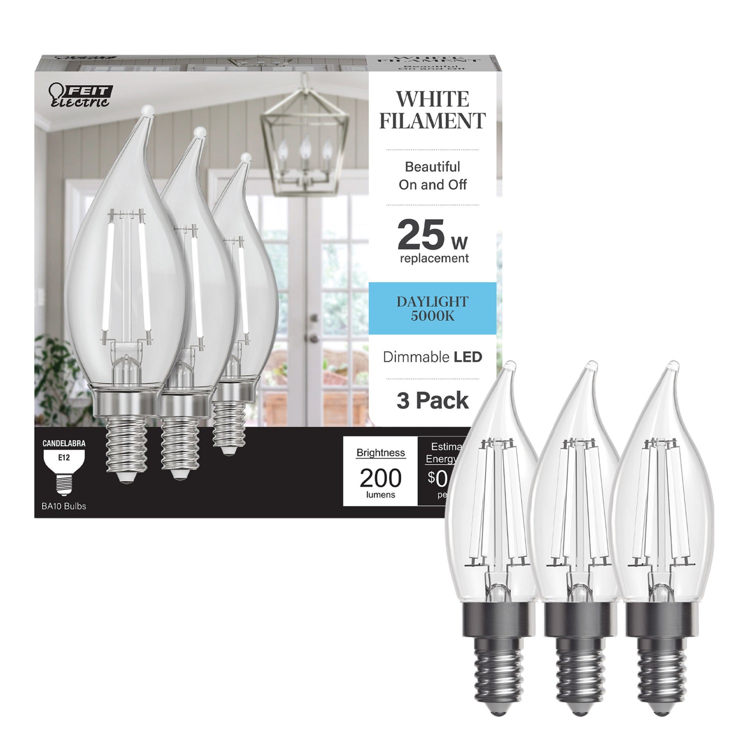 2.2W (25W Replacement) Daylight (5000K) E12 Base BA10 Flame Tip White Filament LED Bulb (3-Pack)
