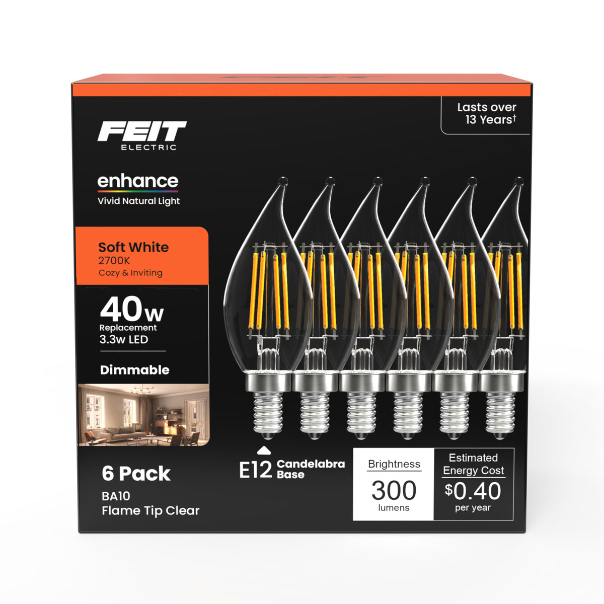 3.3W (40W Replacement) Soft White (2700K) BA10 Dimmable Enhance LED Filament Bulb (6-Pack)
