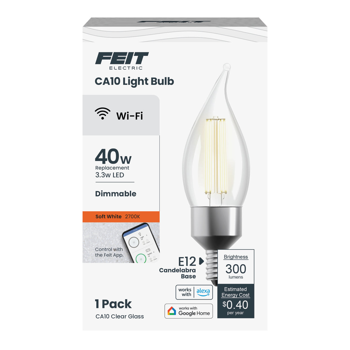 3.3W (40W Replacement) CA10 E12 Dimmable Clear Glass Vintage Decorative Smart Wifi LED Light Bulb, Soft White
