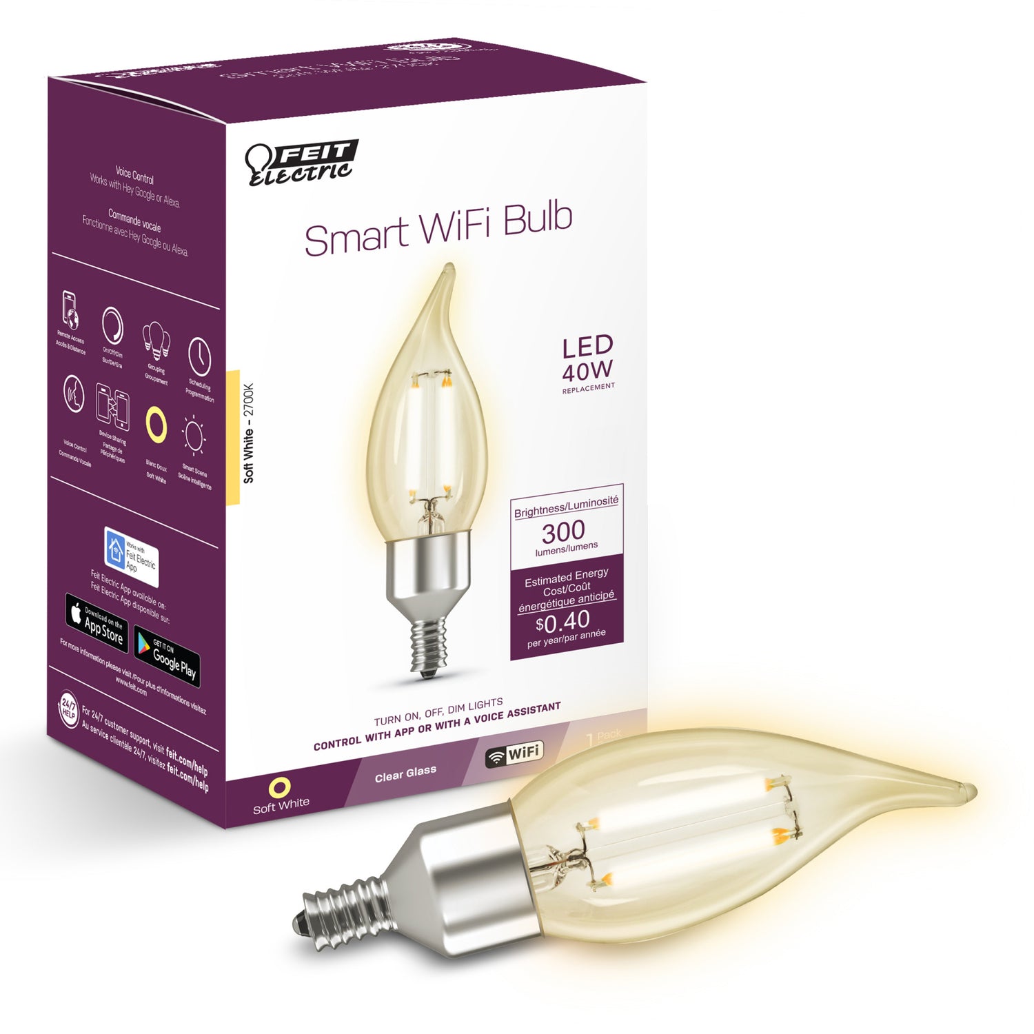 3.3W (40W Replacement) CA10 E12 Dimmable Clear Glass Vintage Decorative Smart Wifi LED Light Bulb, Soft White