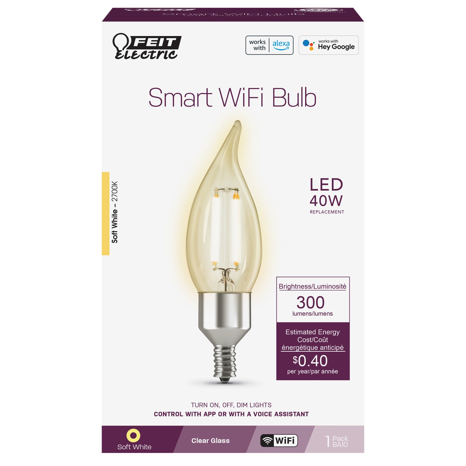 3.3W (40W Replacement) CA10 E12 Dimmable Clear Glass Vintage Decorative Smart Wifi LED Light Bulb, Soft White