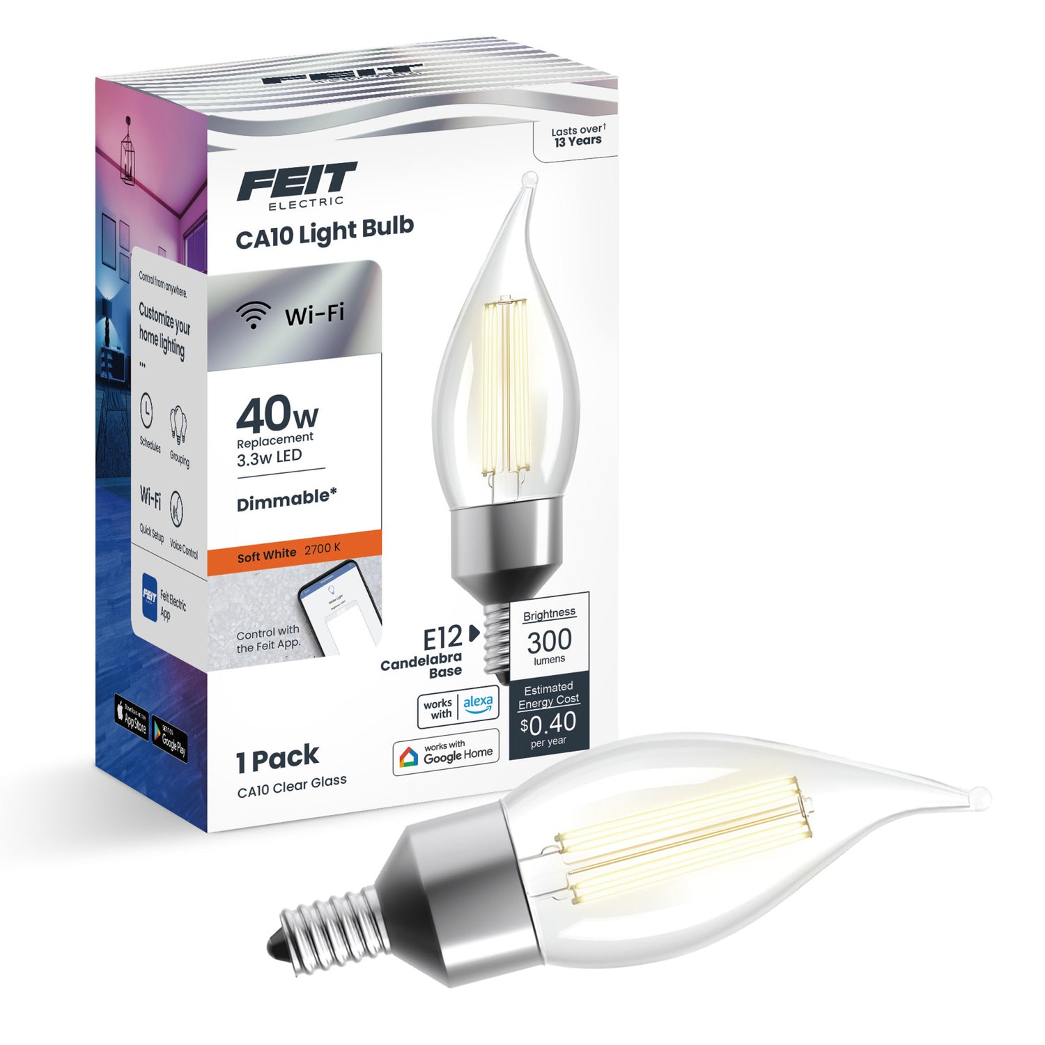 3.3W (40W Replacement) CA10 E12 Dimmable Clear Glass Vintage Decorative Smart Wifi LED Light Bulb, Soft White