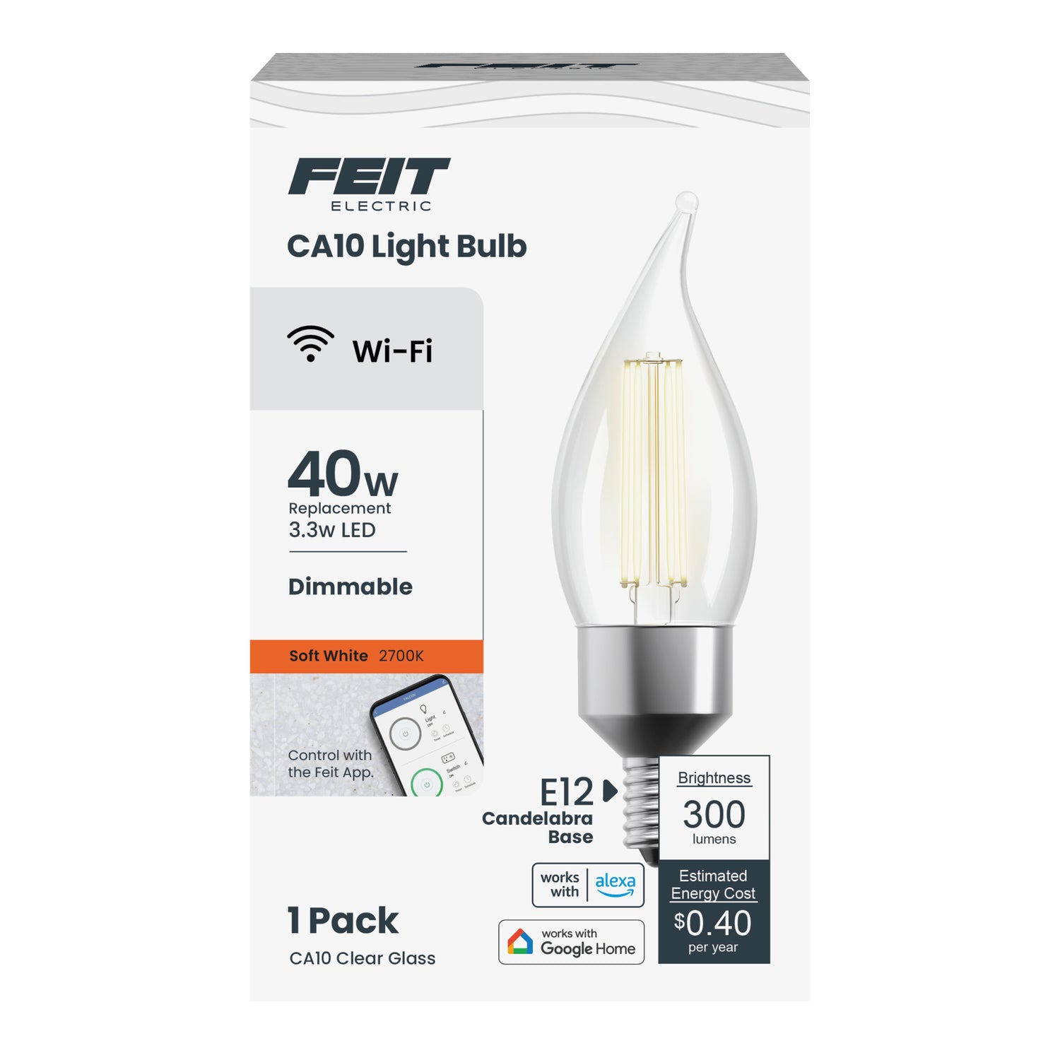 3.3W (40W Replacement) CA10 E12 Dimmable Clear Glass Vintage Decorative Smart Wifi LED Light Bulb, Soft White