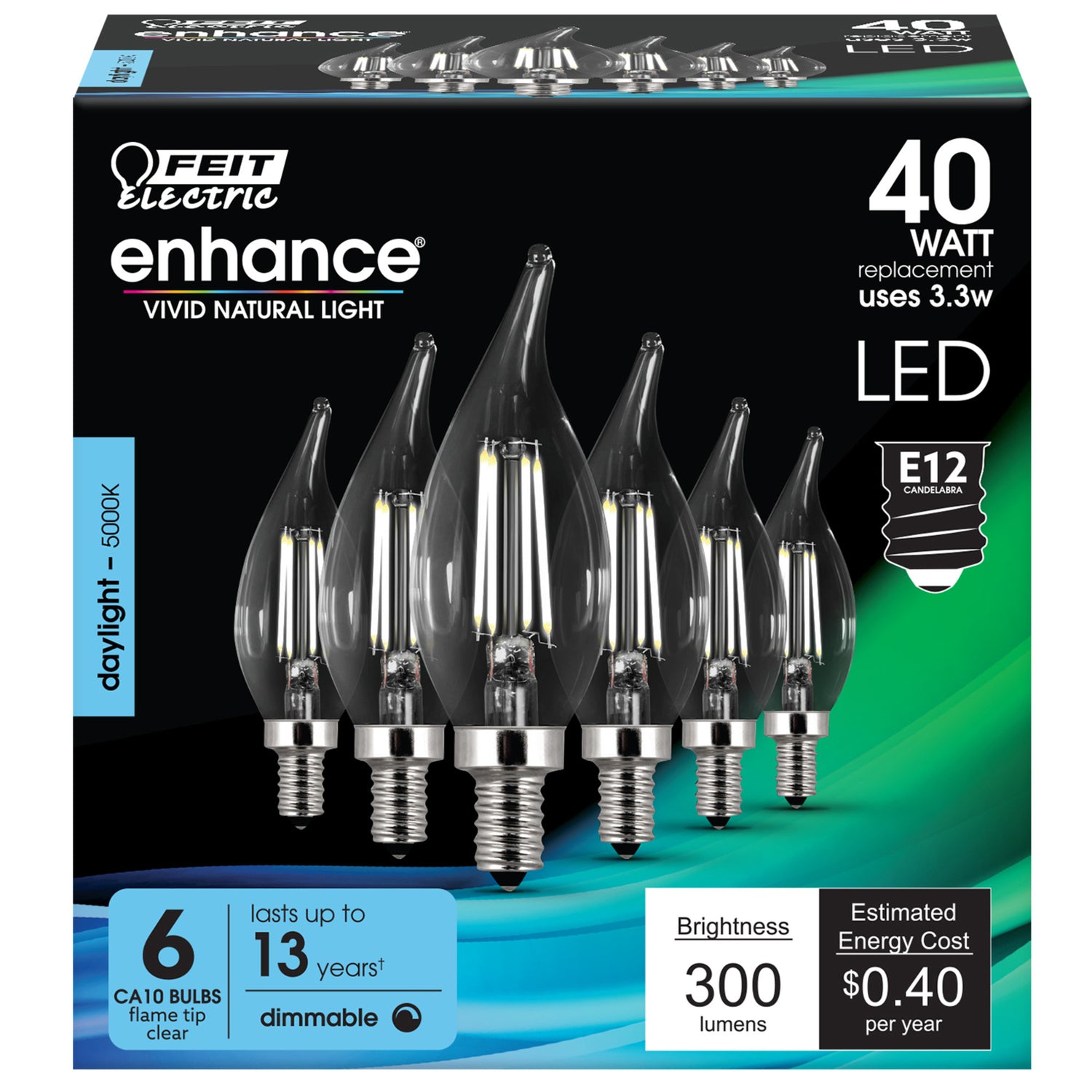 3.3W (40W Replacement) 300 Lumens Daylight 5000K BA10 Dimmable Flame Tip LED