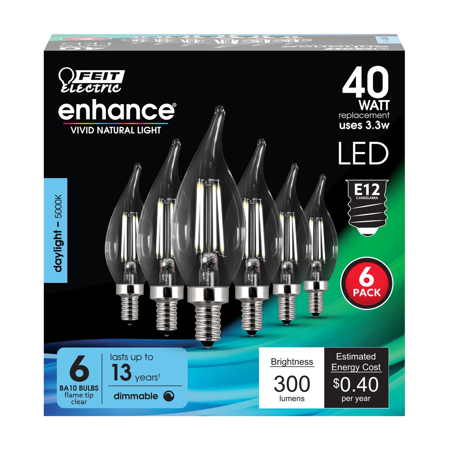 3.3W (40W Replacement) 300 Lumens Daylight 5000K BA10 Dimmable Flame Tip LED