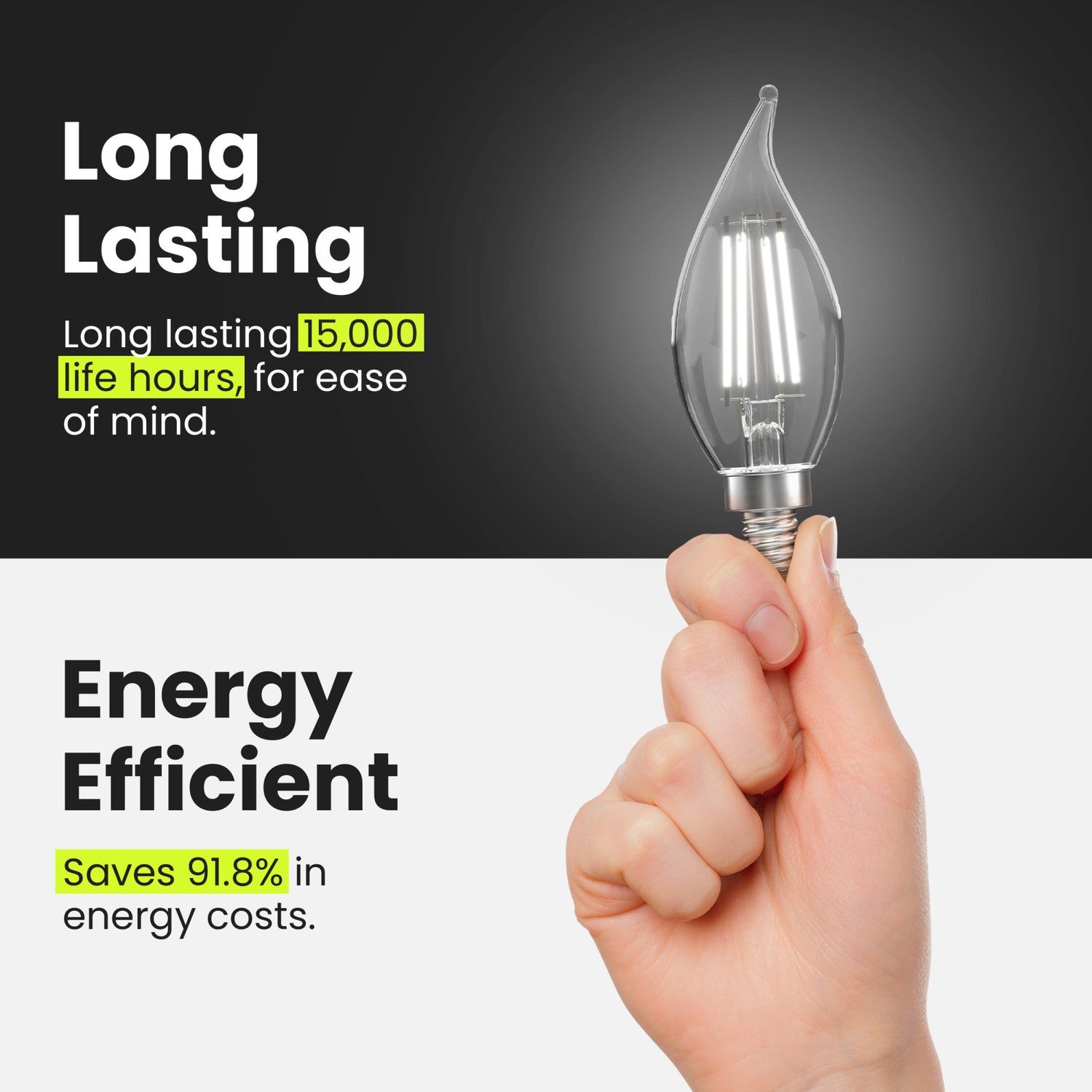 3.3W (40W Replacement) 300 Lumens Daylight 5000K BA10 Dimmable Flame Tip LED