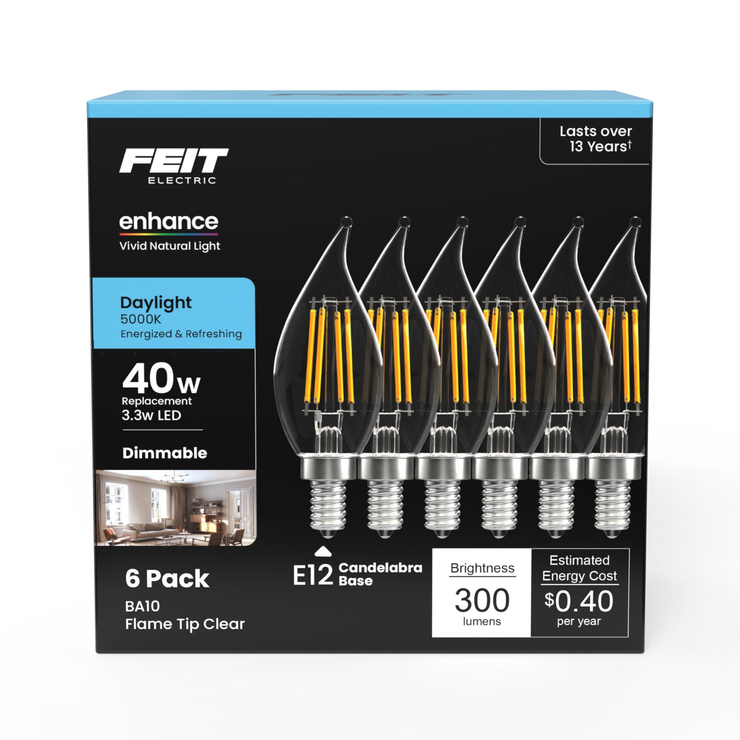 3.3W (40W Replacement) 300 Lumens Daylight 5000K BA10 Dimmable Flame Tip LED