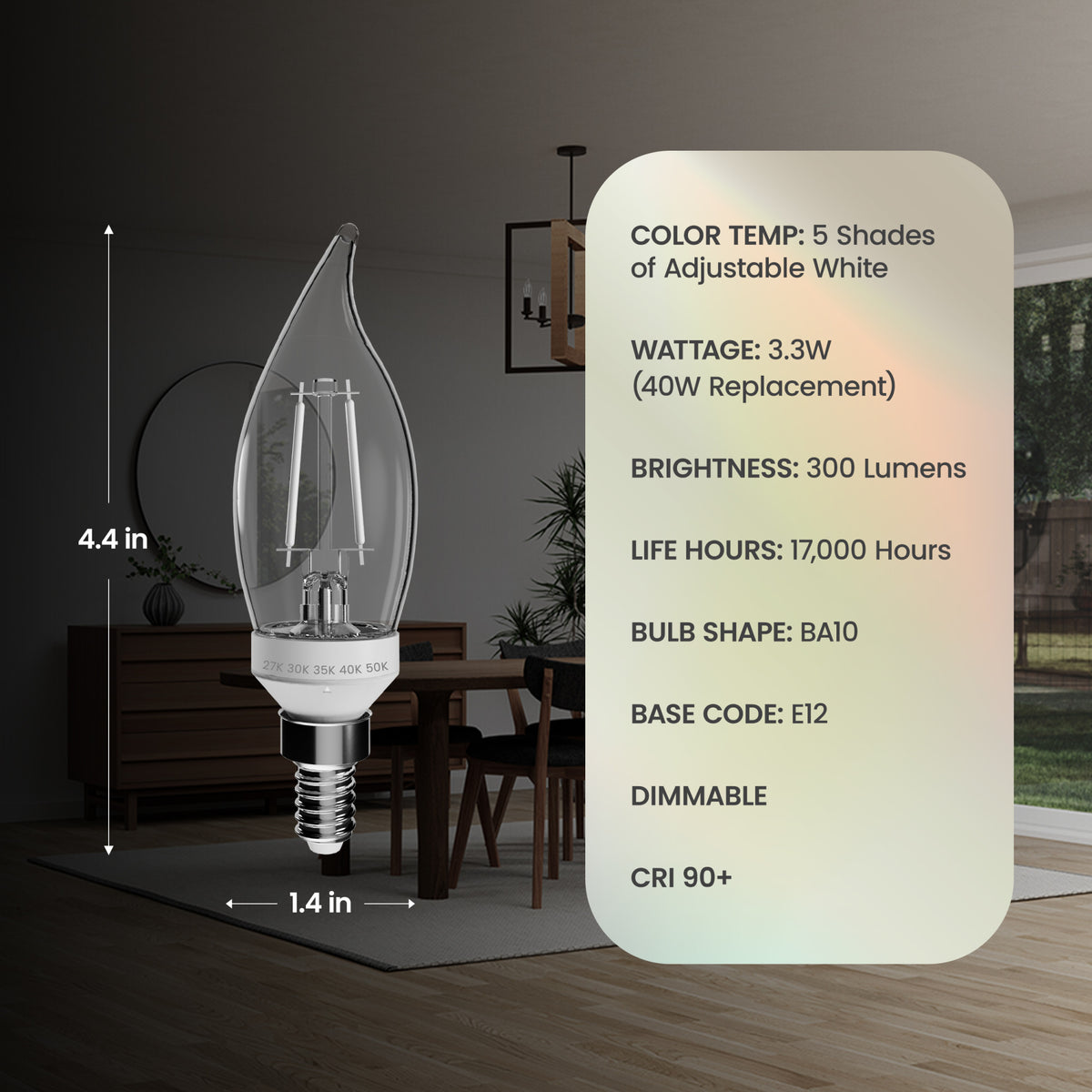 3.3W (40W Equivalent) Adjustable White E12 Base BA10 Flame Tip White Filament LED Bulb (2-Pack)